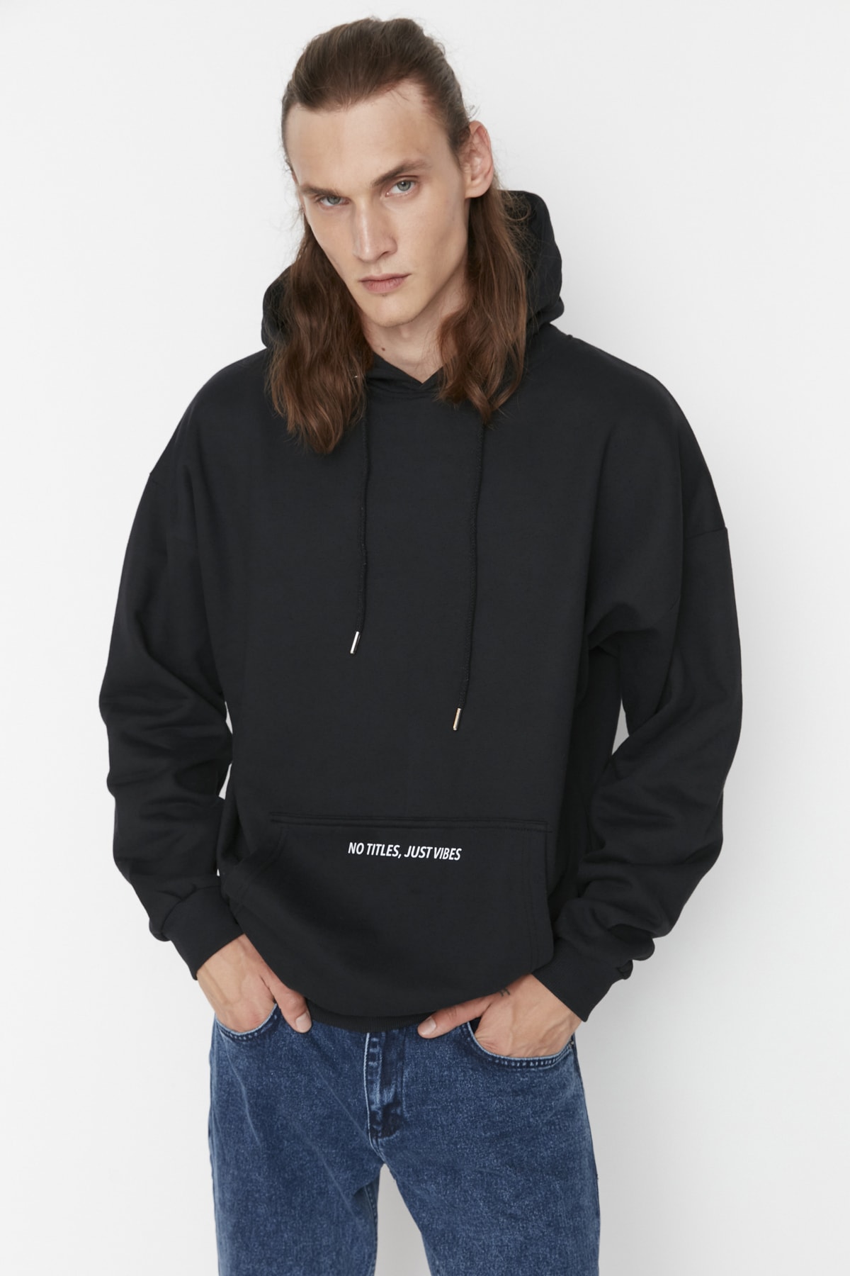 Trendyol Black Oversize/Wide Cut Fit Hooded Text Printed Sweatshirt