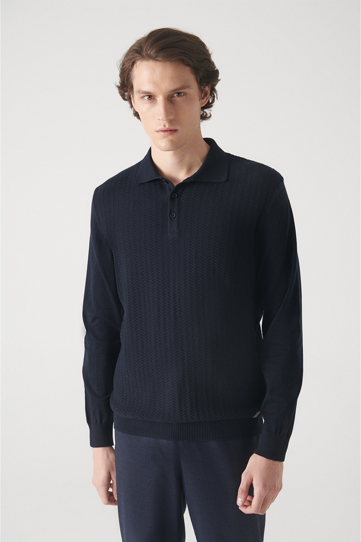 Levně Avva Men's Navy Blue Polo Neck Herringbone Patterned Cotton Regular Fit Knitwear Sweater