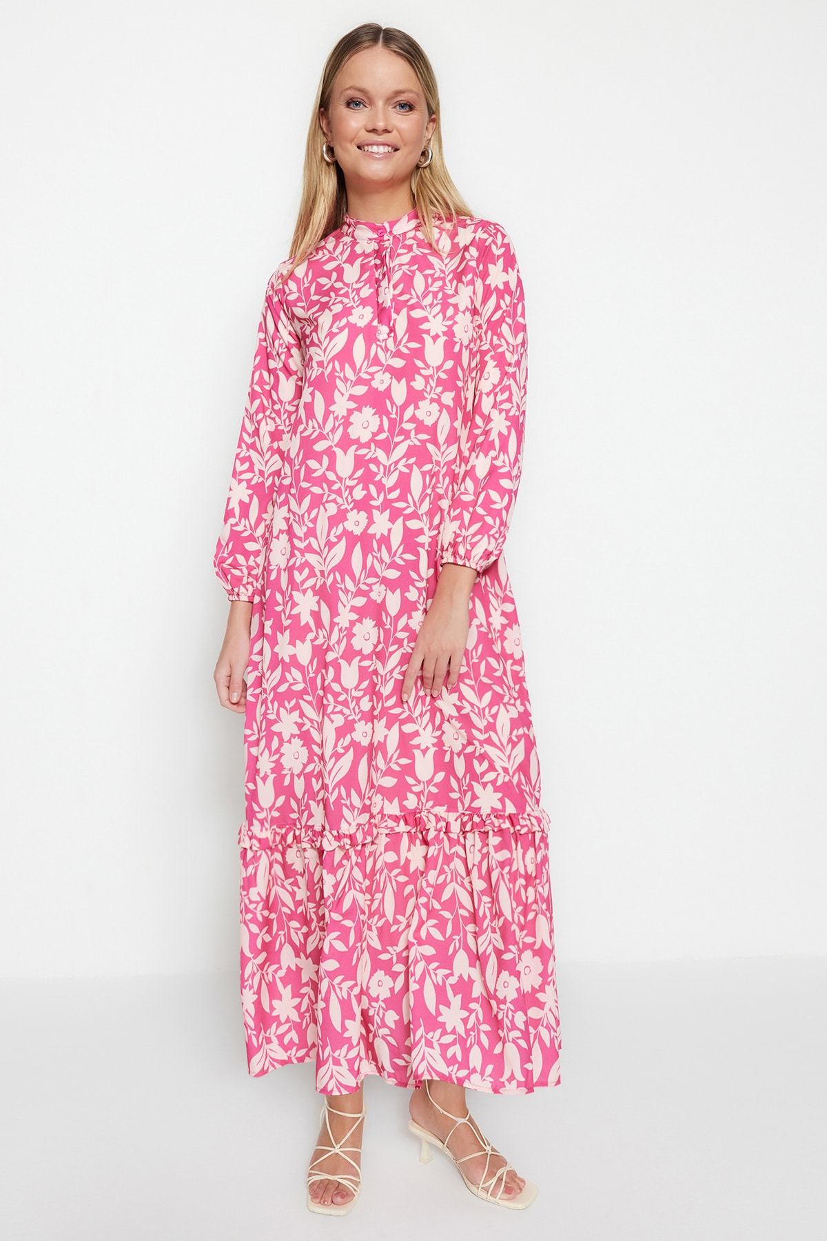 Trendyol Dark Pink Floral Half Pat Hem Frilly Lined Woven Dress