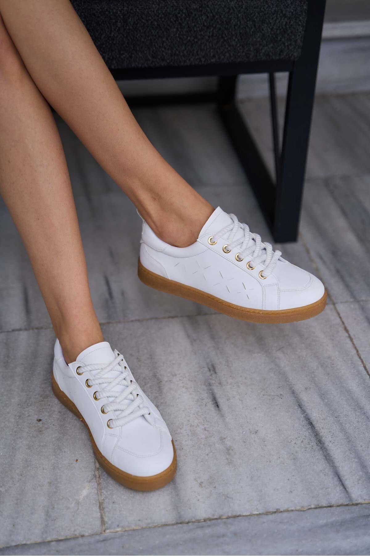 Madamra White Women's Thick Laced Leather Look Sneakers Sneaker