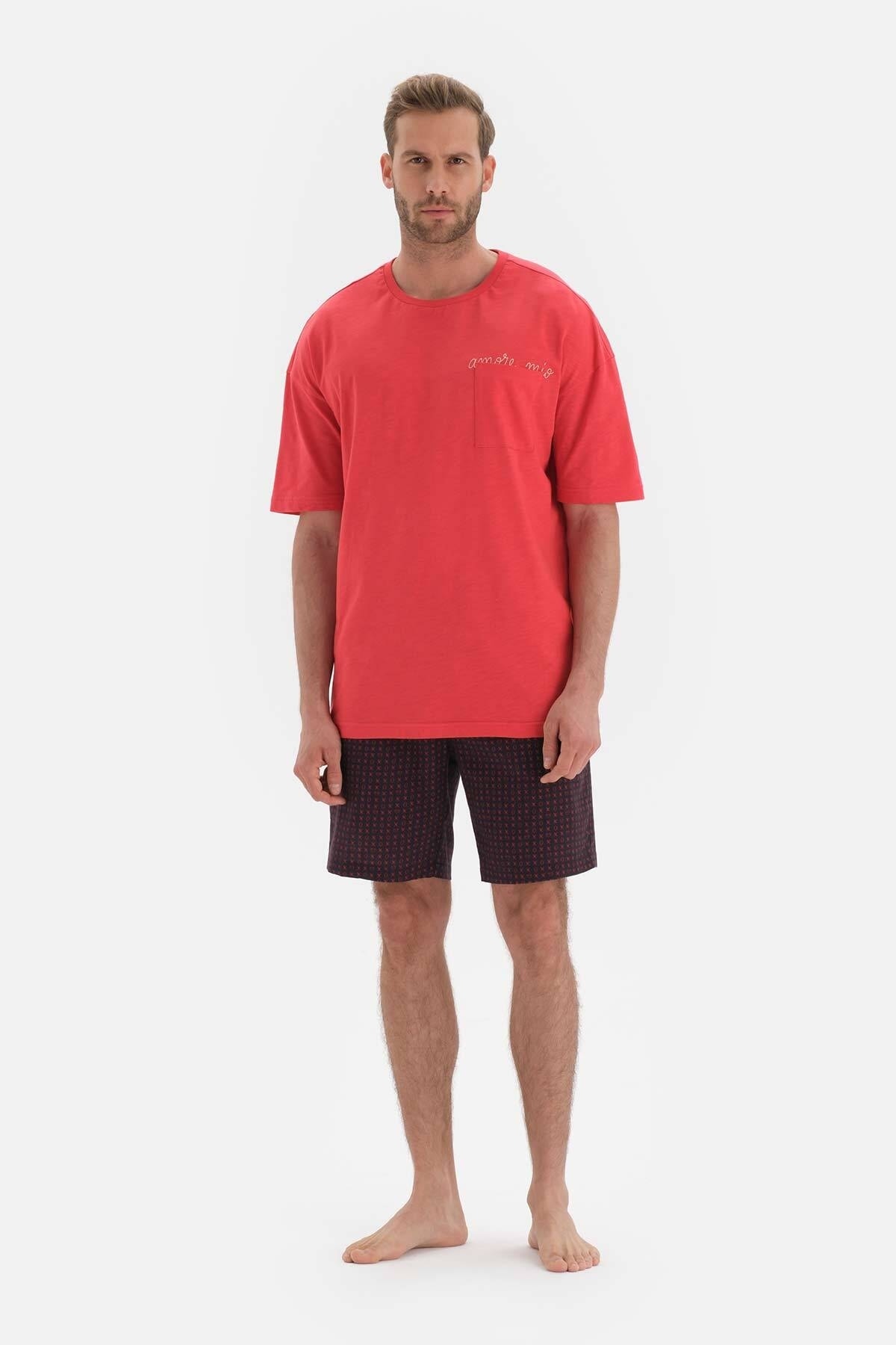 Dagi Red Embroidered Short Sleeve Cotton Shorts Pajamas Set