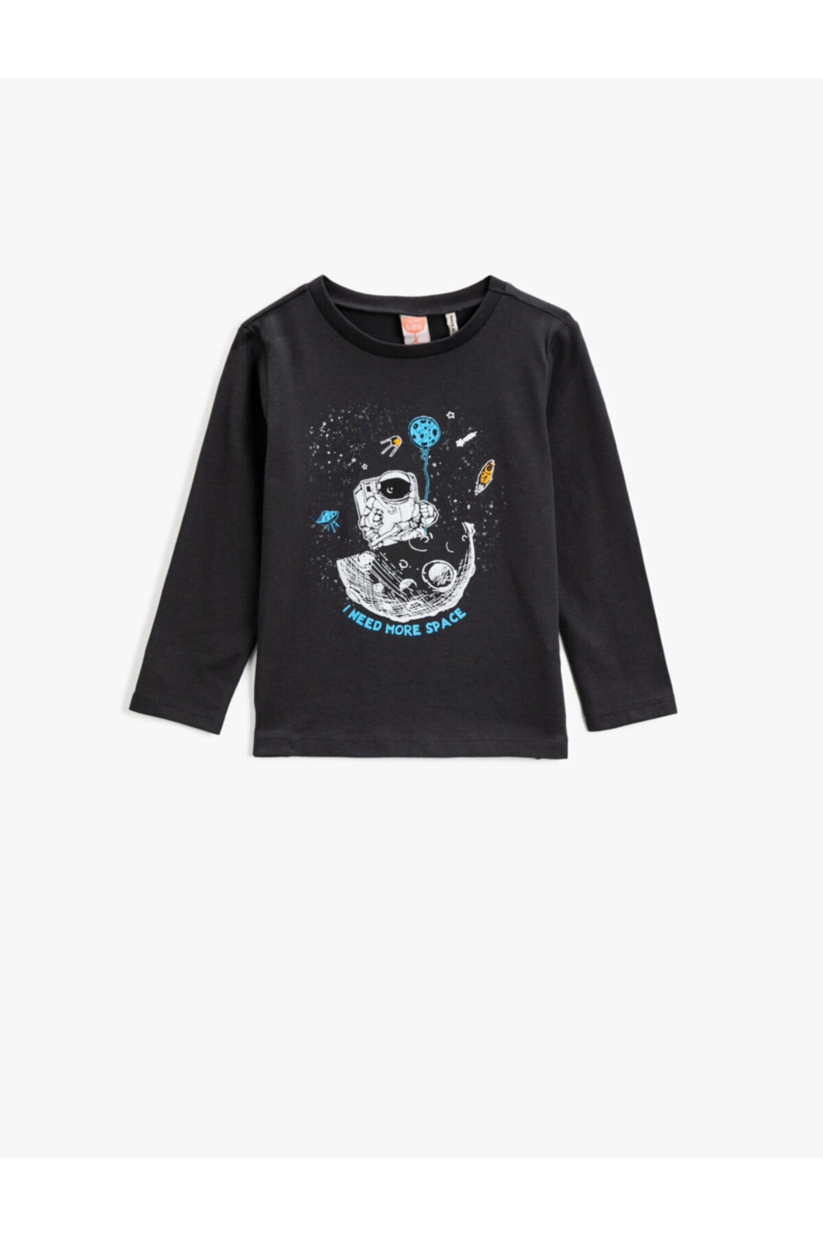 Koton Boys' Anthracite Space Print Long Sleeved T-Shirt Cotton