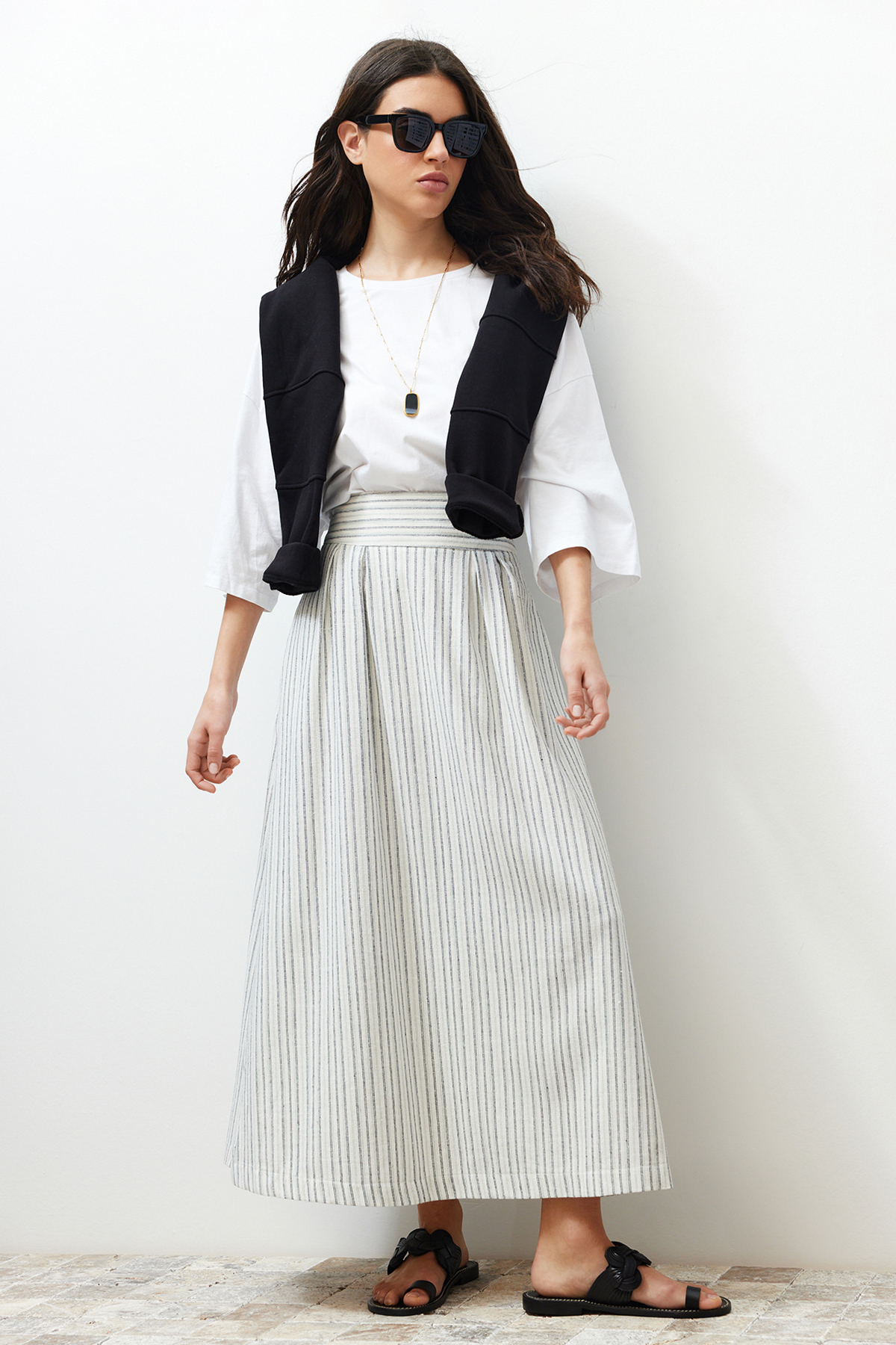 Trendyol Ecru Striped Linen Look Woven Skirt with Pocket Detail