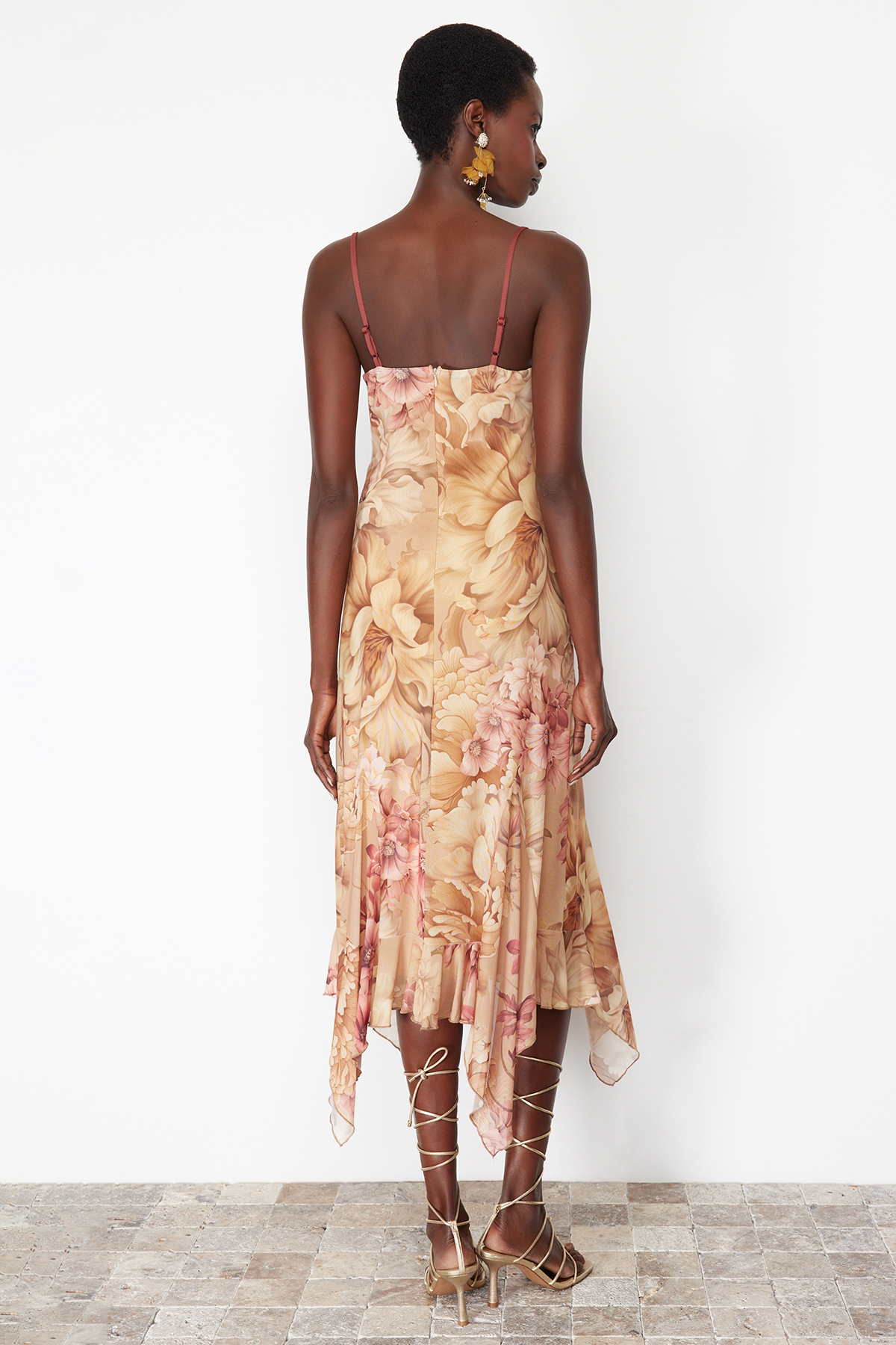 Trendyol Multicolored A-Line Floral Patterned Ruffle Knitted Tulle Dress