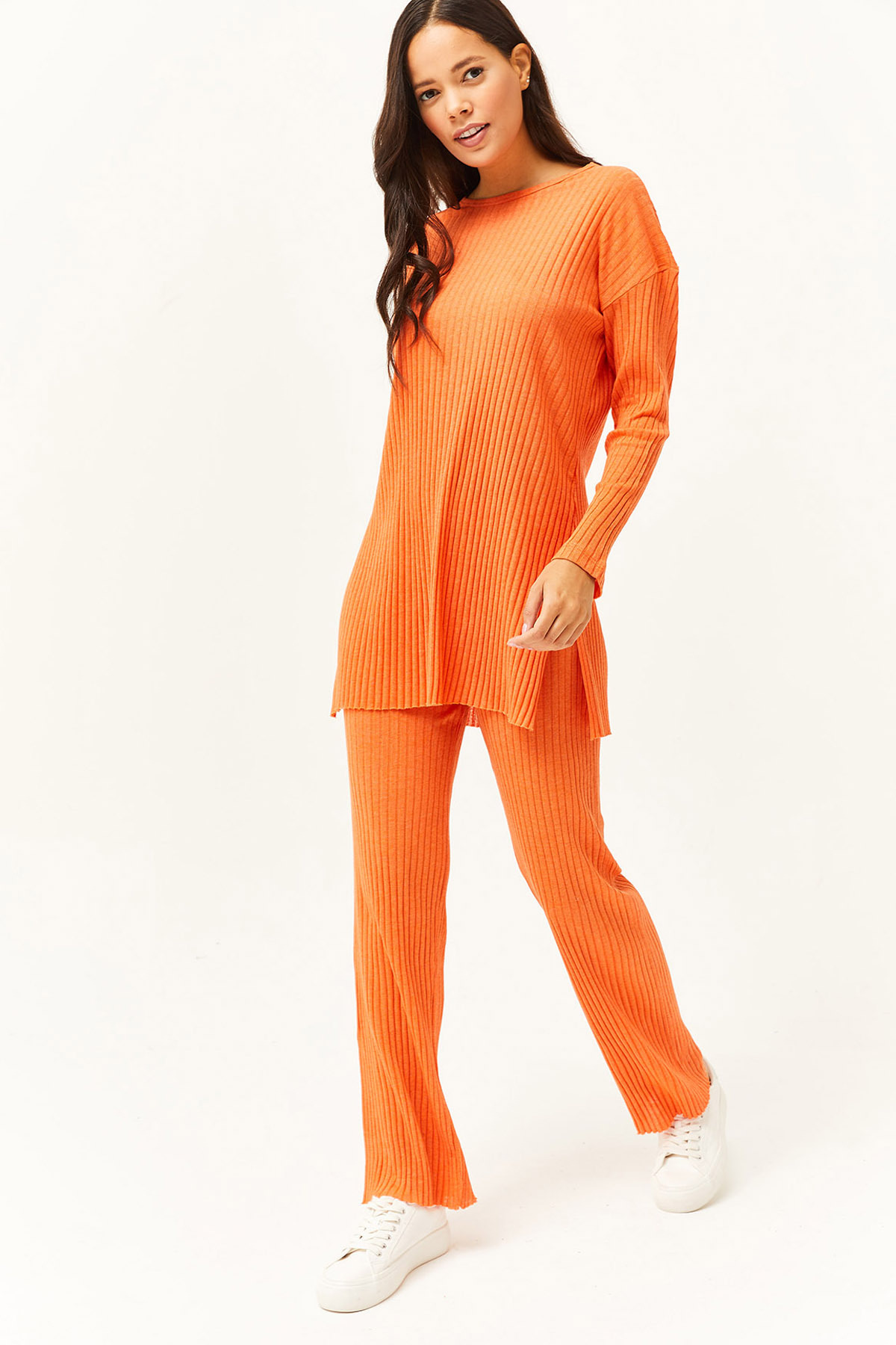 Olalook Women's Orange Top Slit Blouse Bottom Palazzo Ribbed Suit