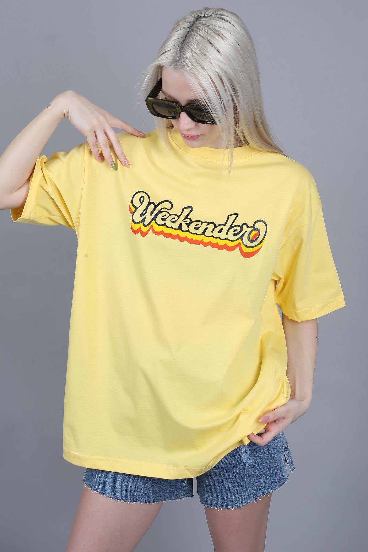 Madmext Yellow Printed Oversize Round Neck Women's T-Shirt