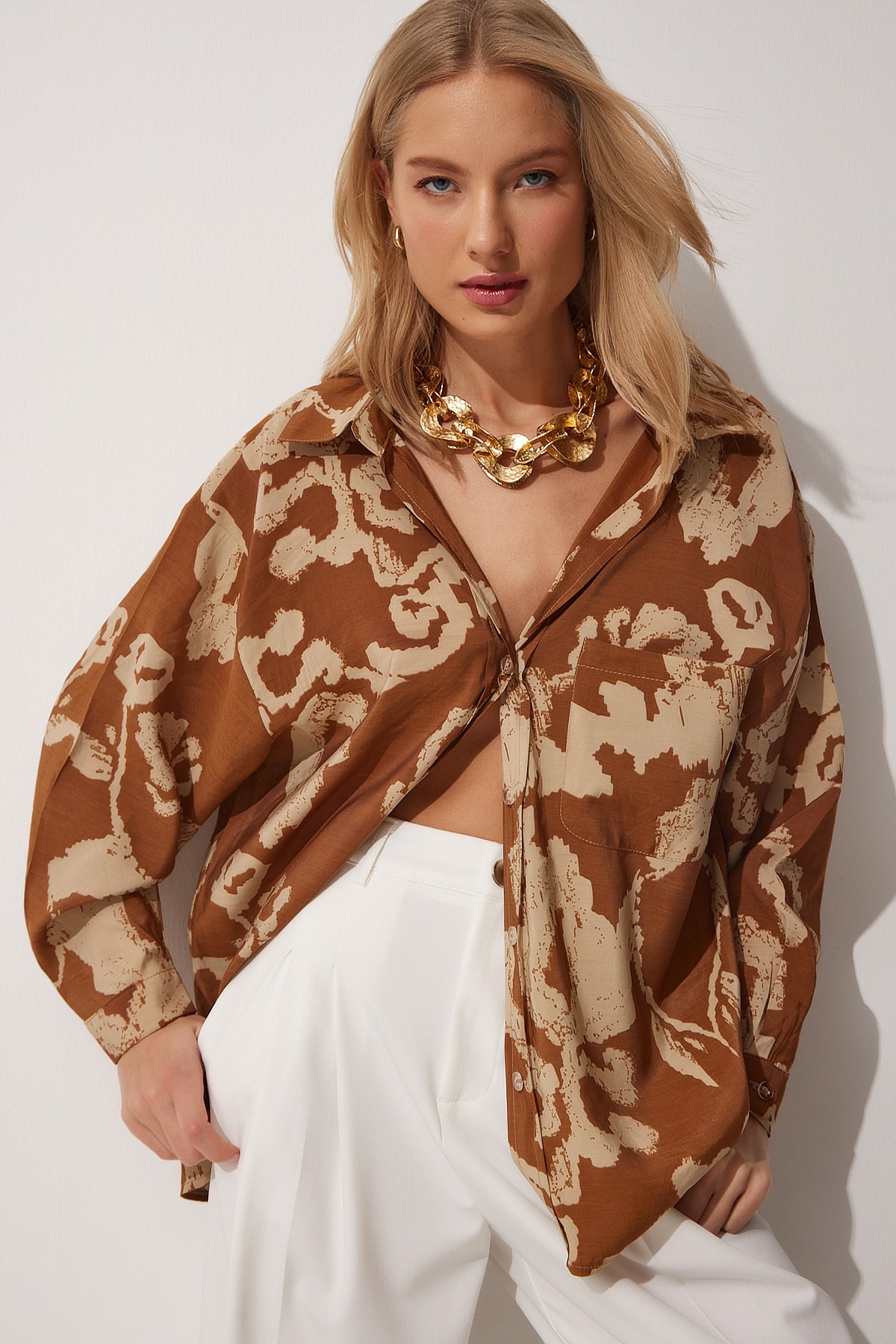 Happiness İstanbul Women's Brown Patterned Oversized Cotton Satin Shirt