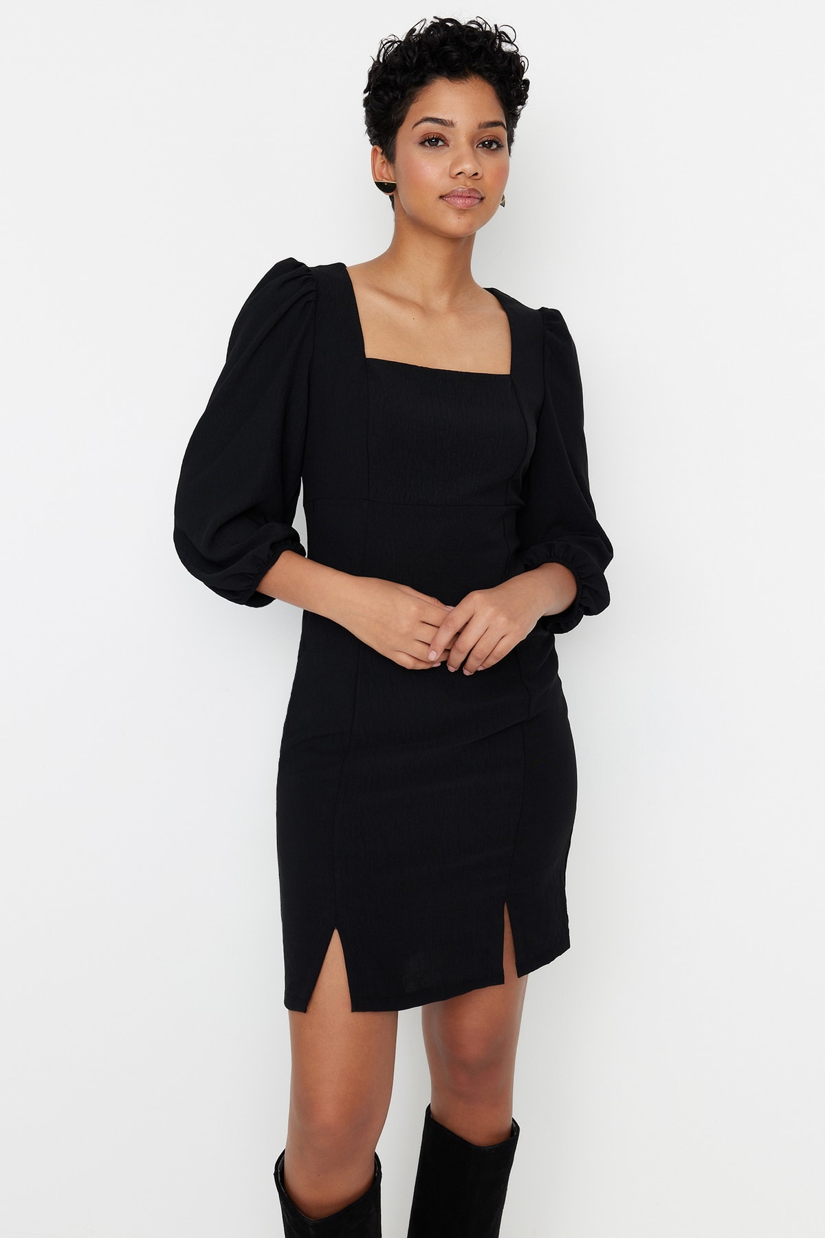 Trendyol Black Square Neckline Slit Mini Woven Mini Dress