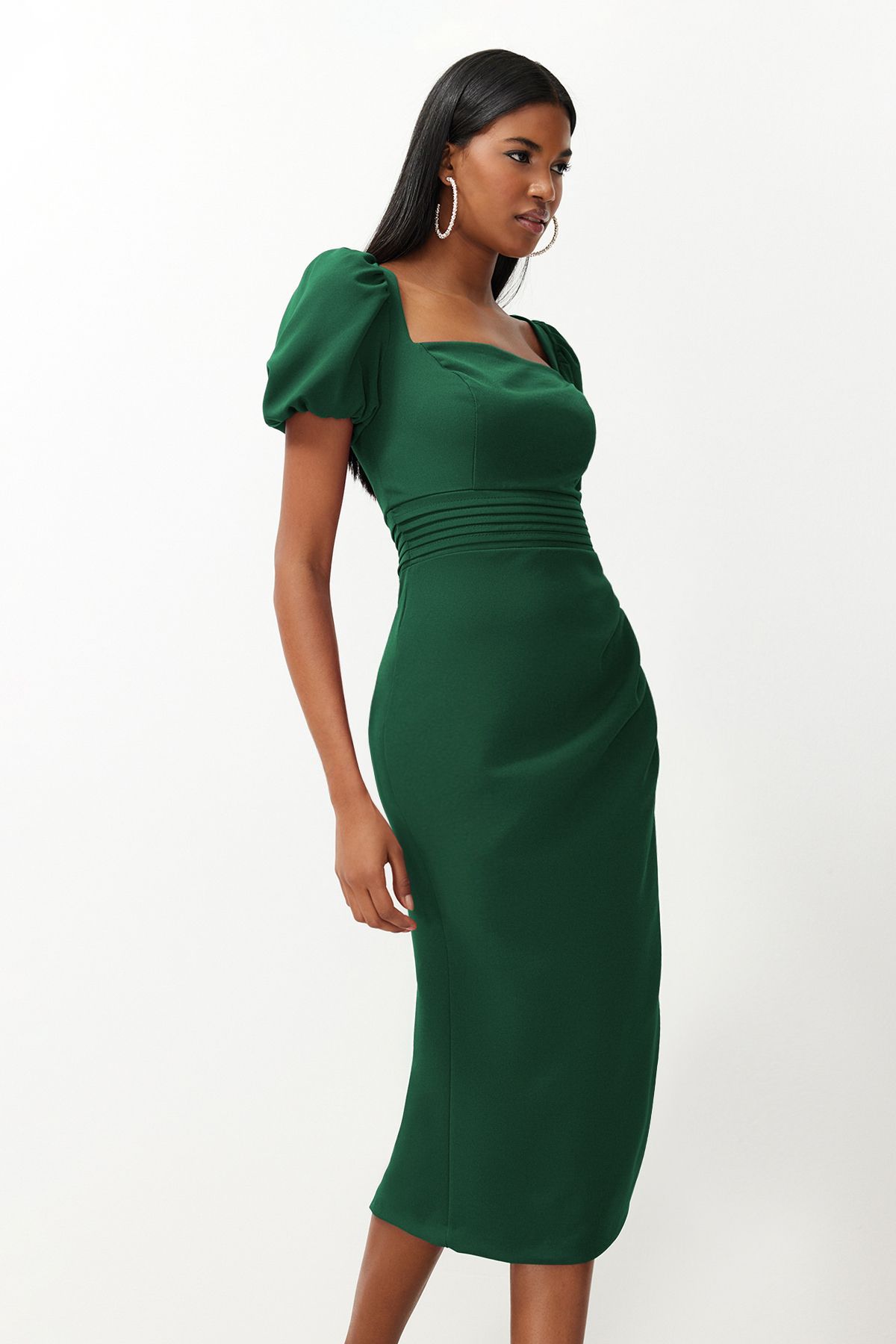 Trendyol Emerald Green Waist Detailed Fitted Woven Dress