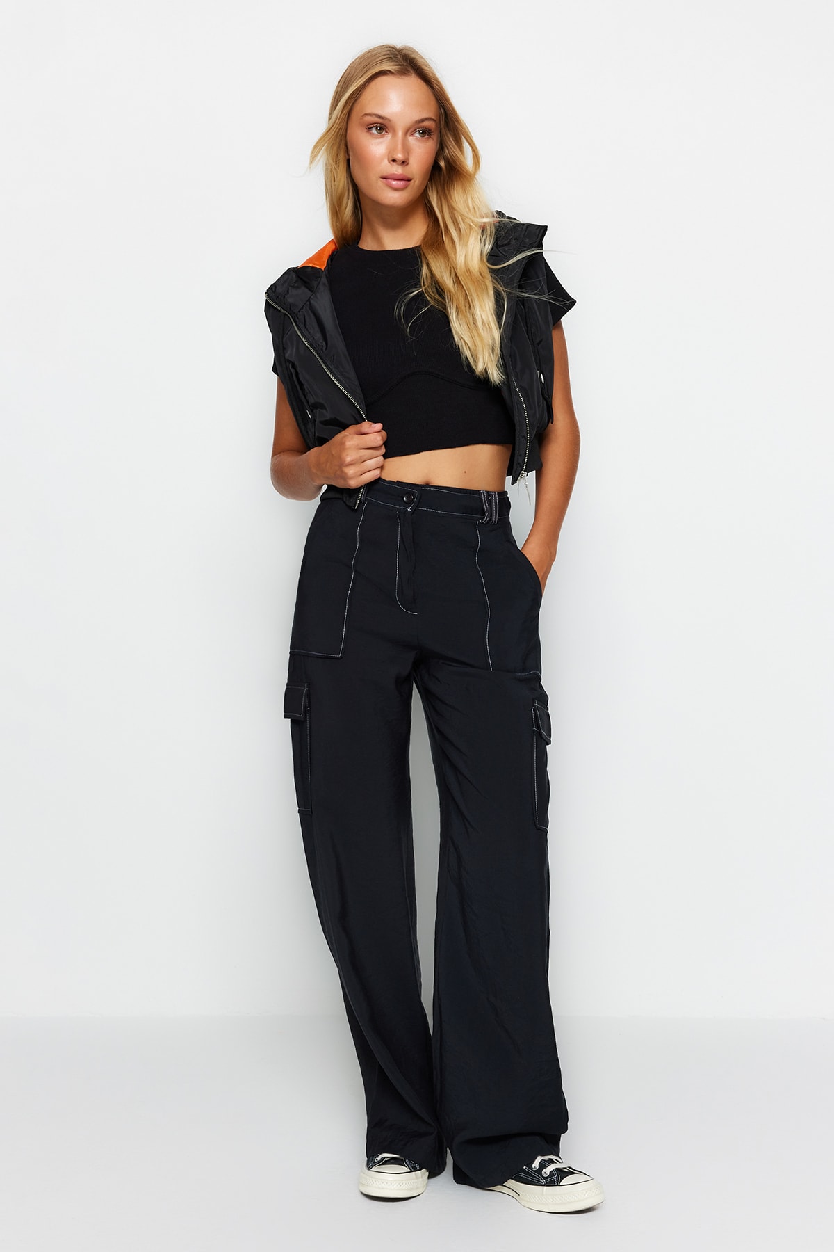 Pantaloni largi de damă Trendyol Contrast Stitch