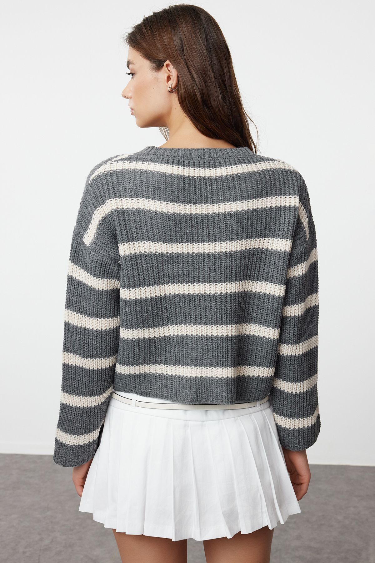 Trendyol Anthracite Crop Basic Striped Knitwear Sweater