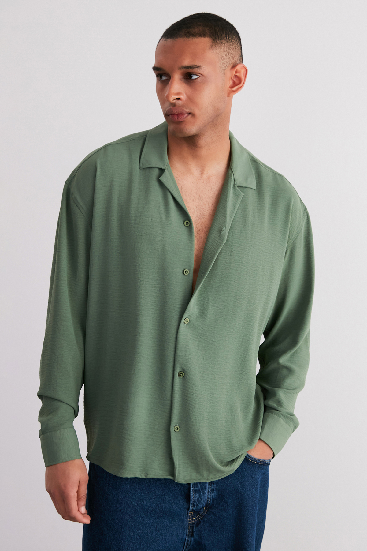 Trendyol Khaki Oversize Fit Open Collar Summer Linen Look Shirt