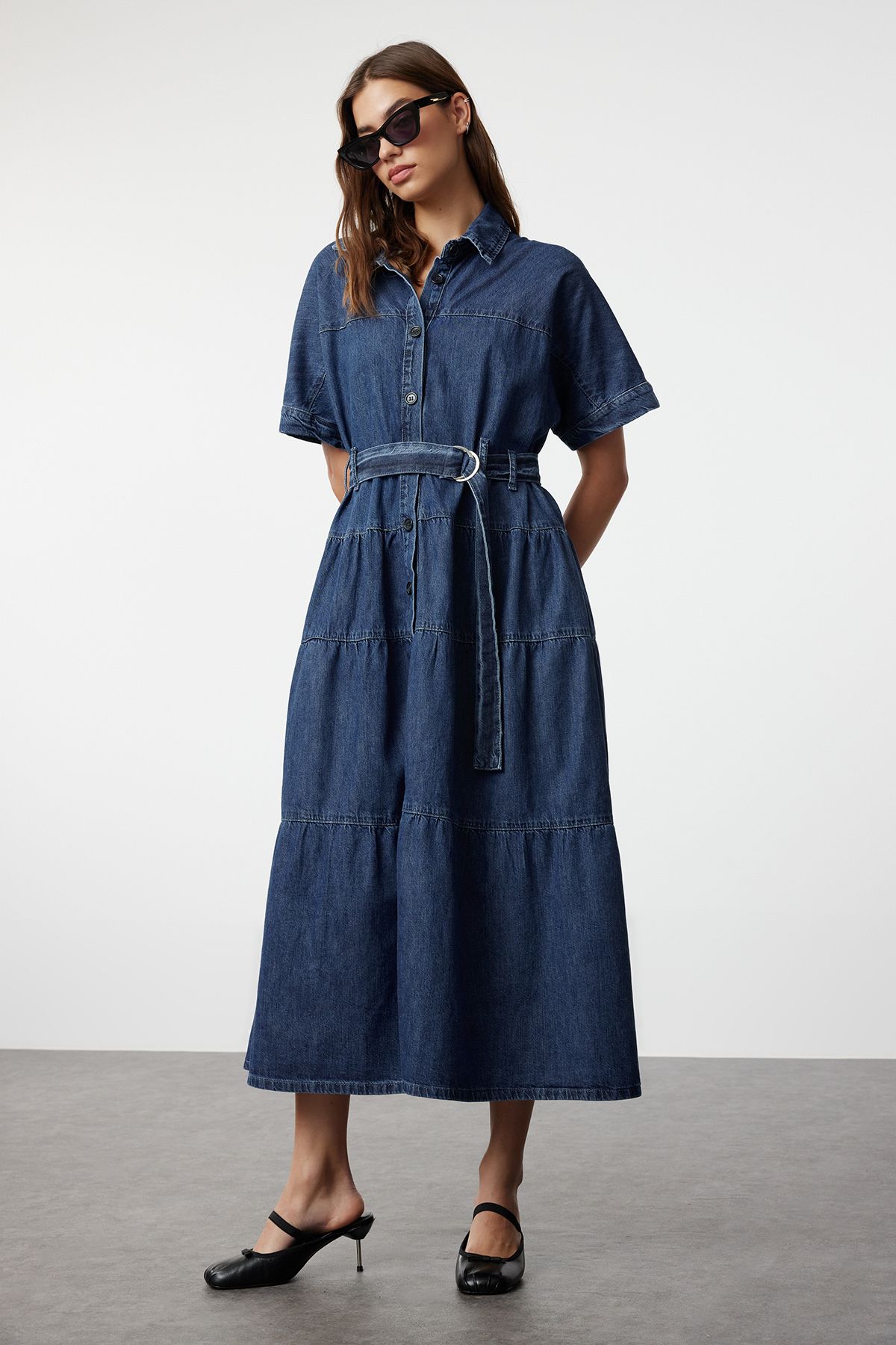 Trendyol Blue Belted Stitch Detailed Midi Denim Dress