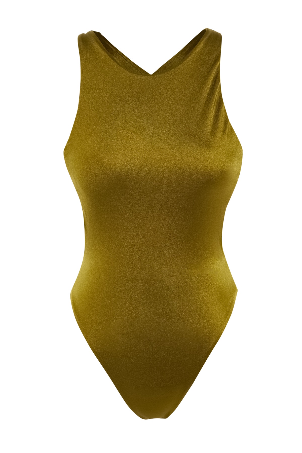 Trendyol Khaki Round Neck Low-Cut Back High Leg Swimsuit