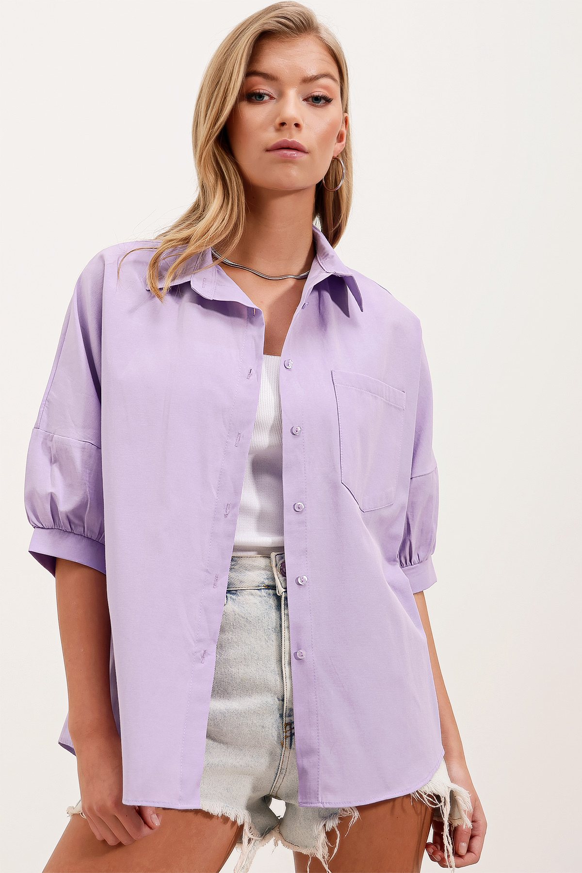 Levně Bigdart 20213 Oversize Short Sleeve Basic Shirt - Lilac