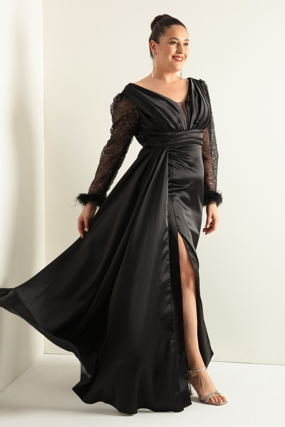 Lafaba Dámske čierne rukávy s výstrihom do V s kamennými rozparkami dlhé večerné šaty plus veľkosti
