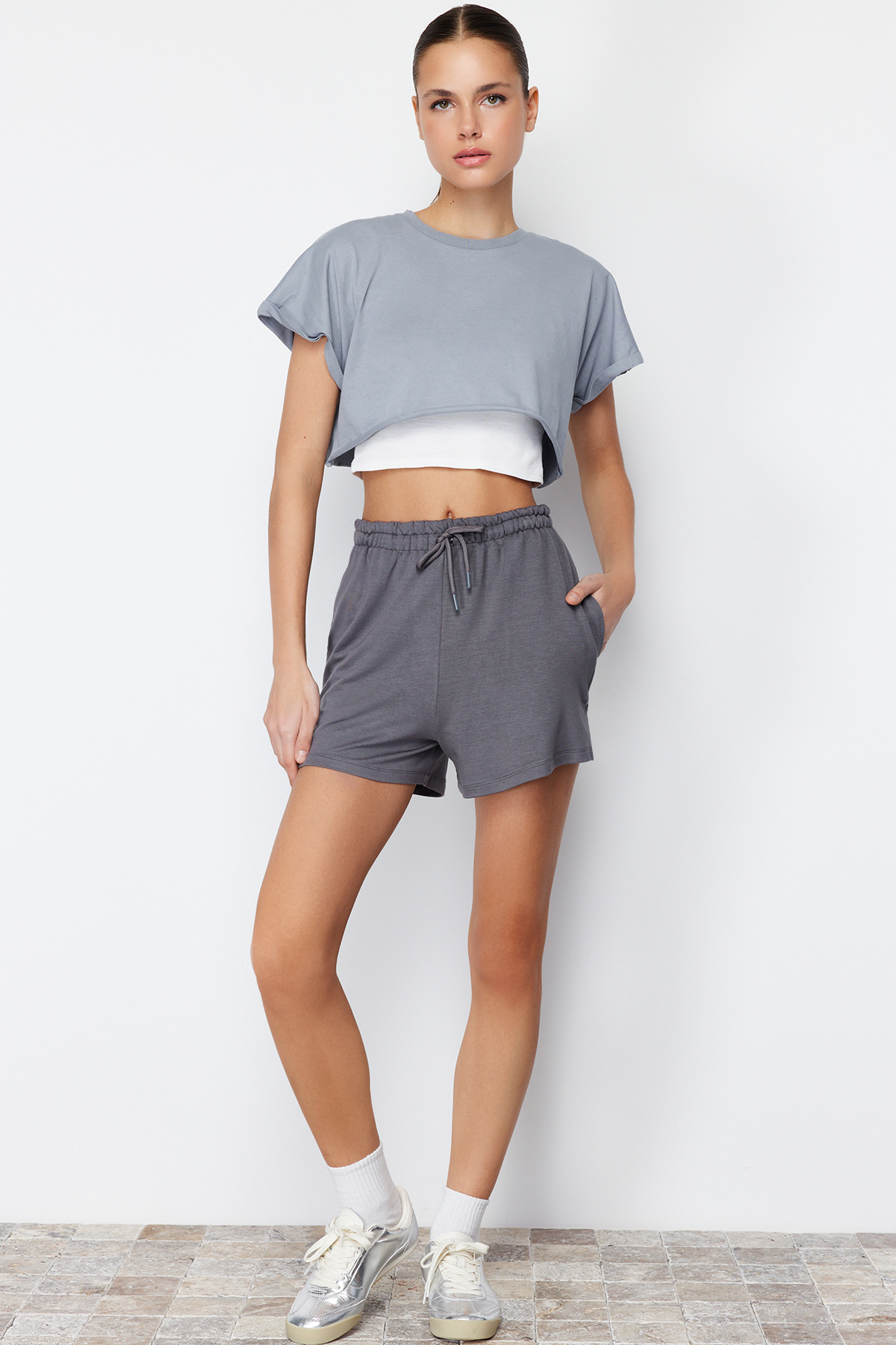 Trendyol Anthracite Elastic Waist Basic Soft Buttoned Knitted Shorts & Bermuda