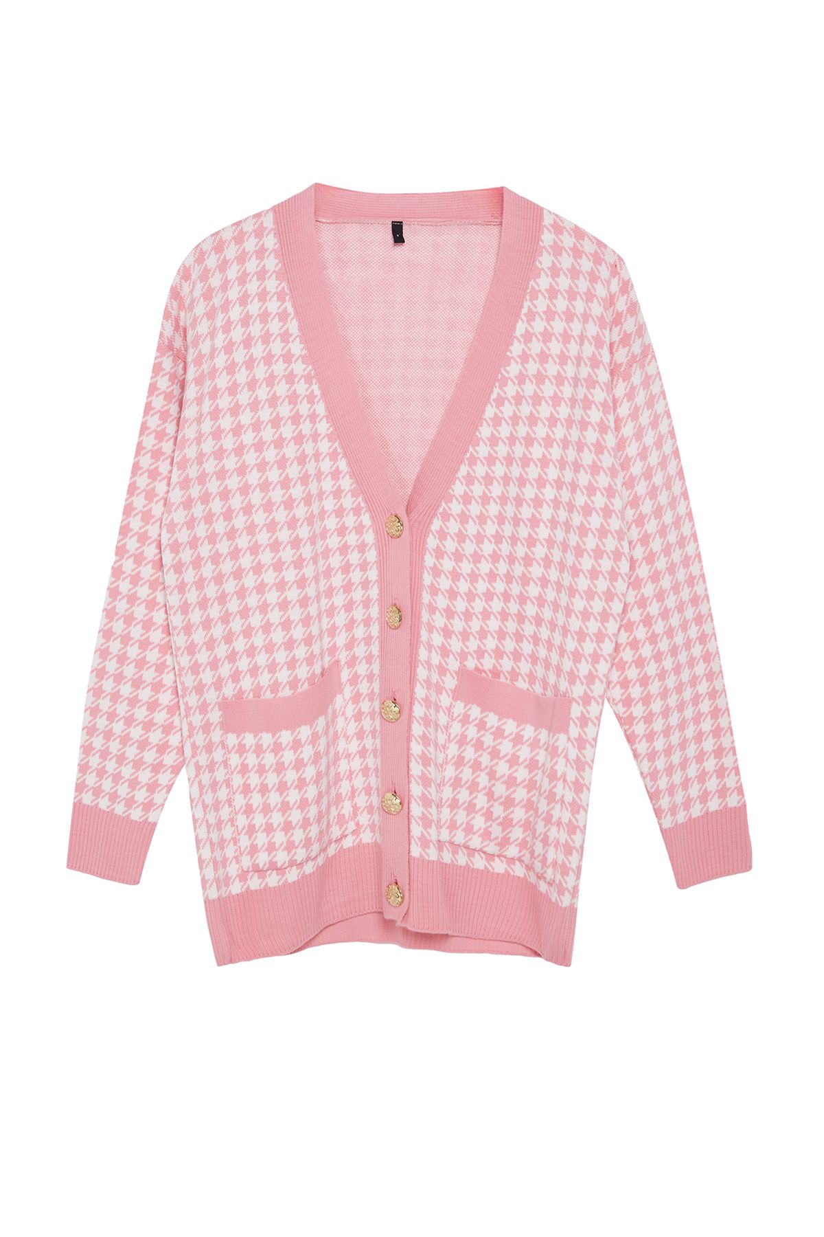 Trendyol Pink Wide Fit Houndstooth Knitwear Cardigan