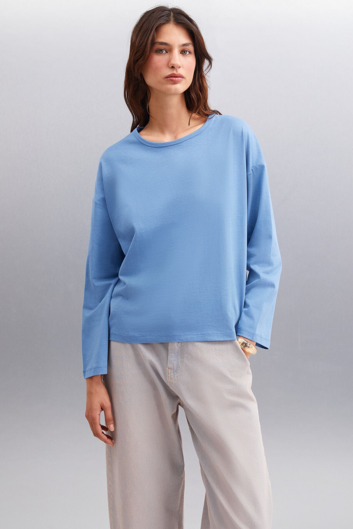 GRIMELANGE Printed Women&#039;s Back Print Detail Oversize 100% Organic Cotton Knitted Long Sleeve Indigo T-shirt