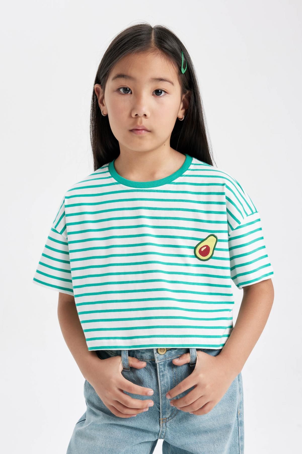 DEFACTO Girl's Crew Neck Striped Short Sleeve T-Shirt