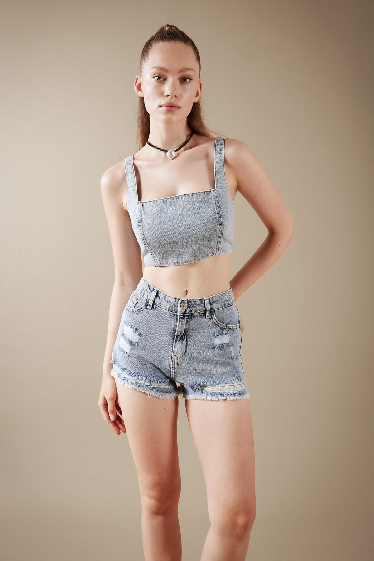 DEFACTO Jean 100% Cotton Crop Blouse