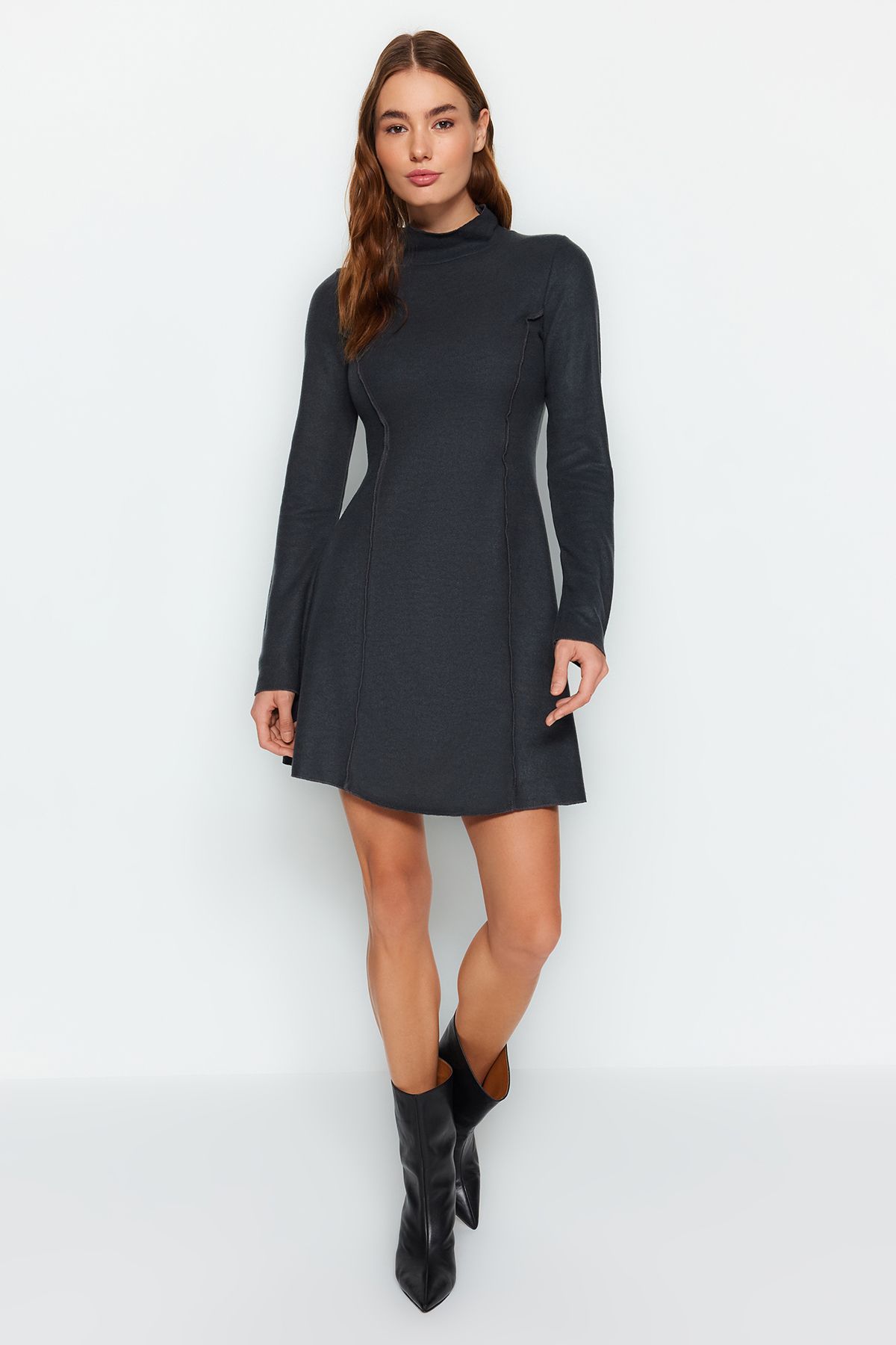 Trendyol Anthracite Sewing Detailed High Collar Thessaloniki Knitted Dress