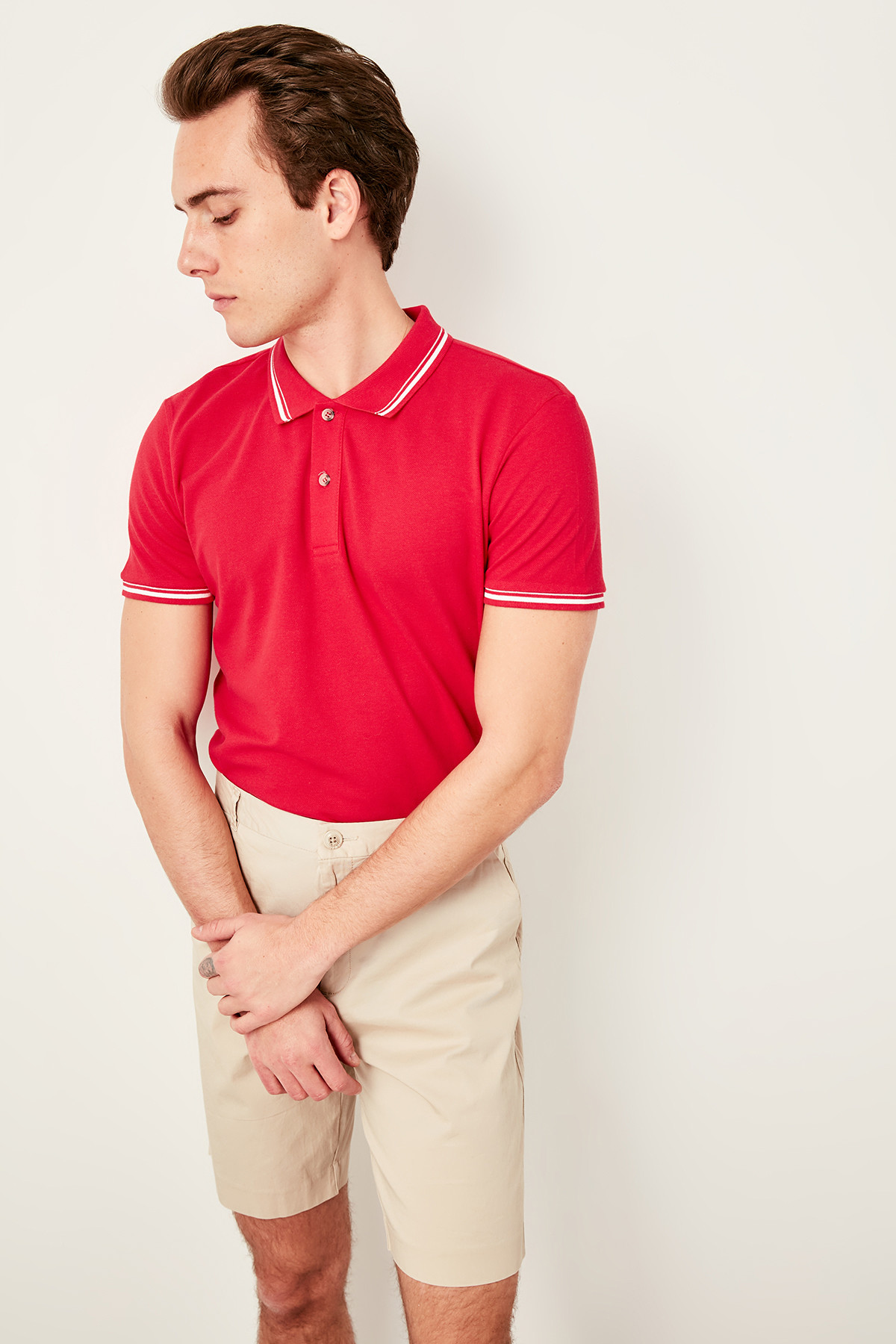 Trendyol Red mens cotton t-shirt-Checkers Knitted Belt Street-Style Polo collar t-shirt