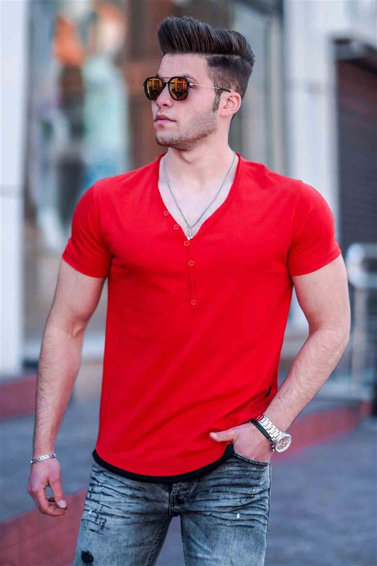 Levně Madmext Men's Red Buttoned T-Shirt 4490