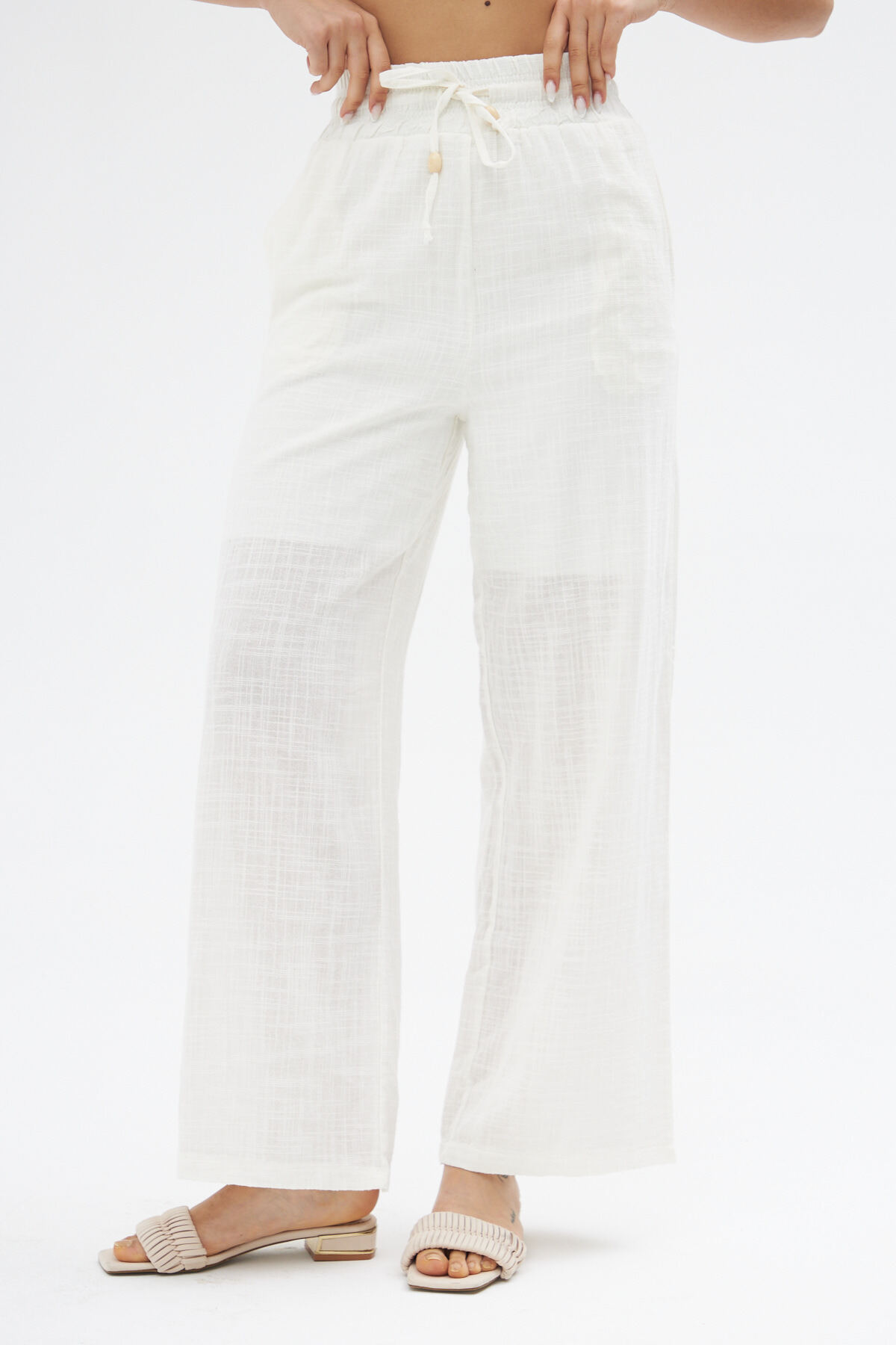 Laluvia White Elastic Waist Linen Trousers