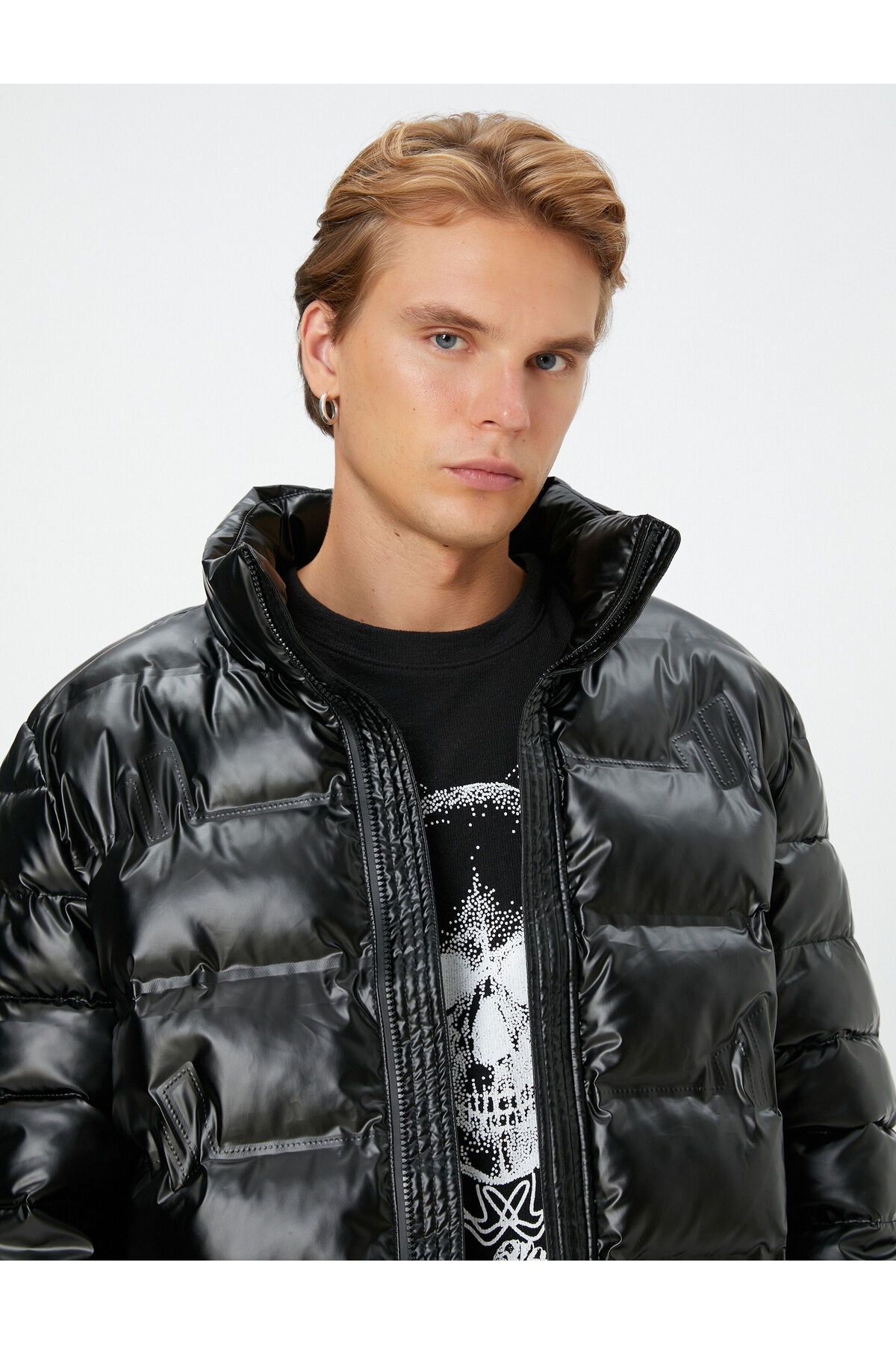 Koton Puffer Coat Leather Look Zippered High Neck