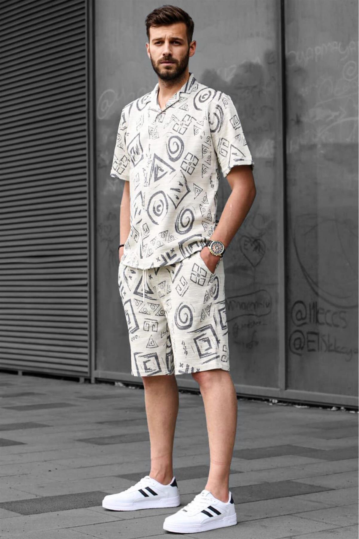 Madmext Anthracite Graphic Patterned Men's Shorts Set 5924