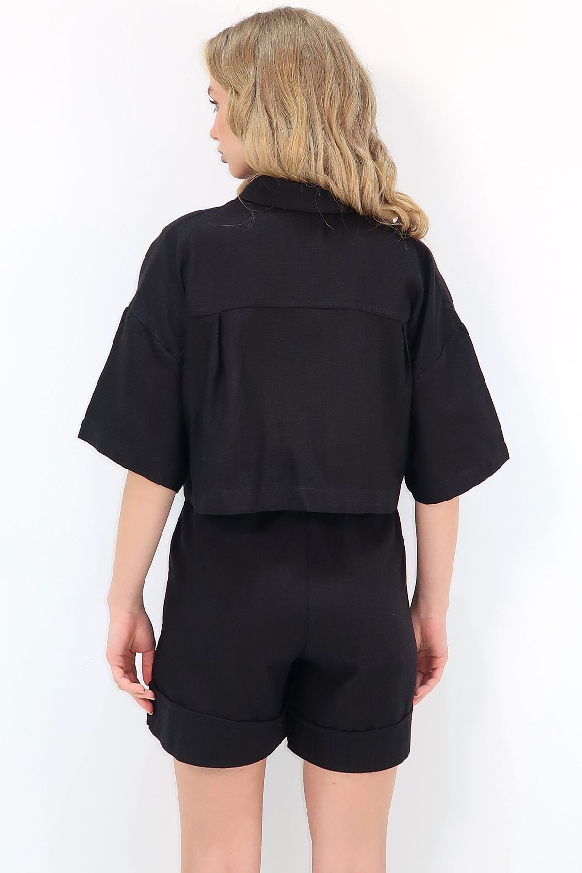 Trend Alaçatı Stili Woman's Black Double Pocket Shirt and Shorts Linen Set