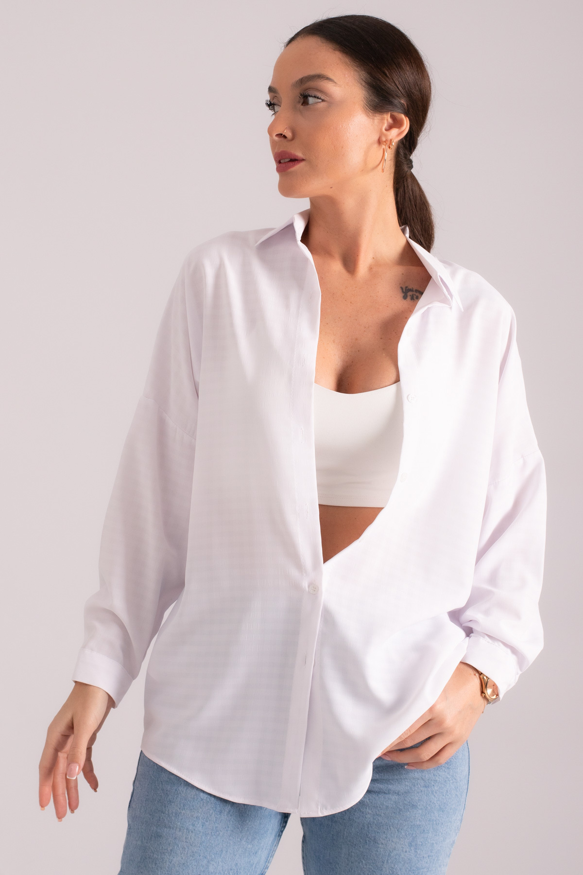 armonika Women's White Square Pattern Oversize Long Basic Shirt
