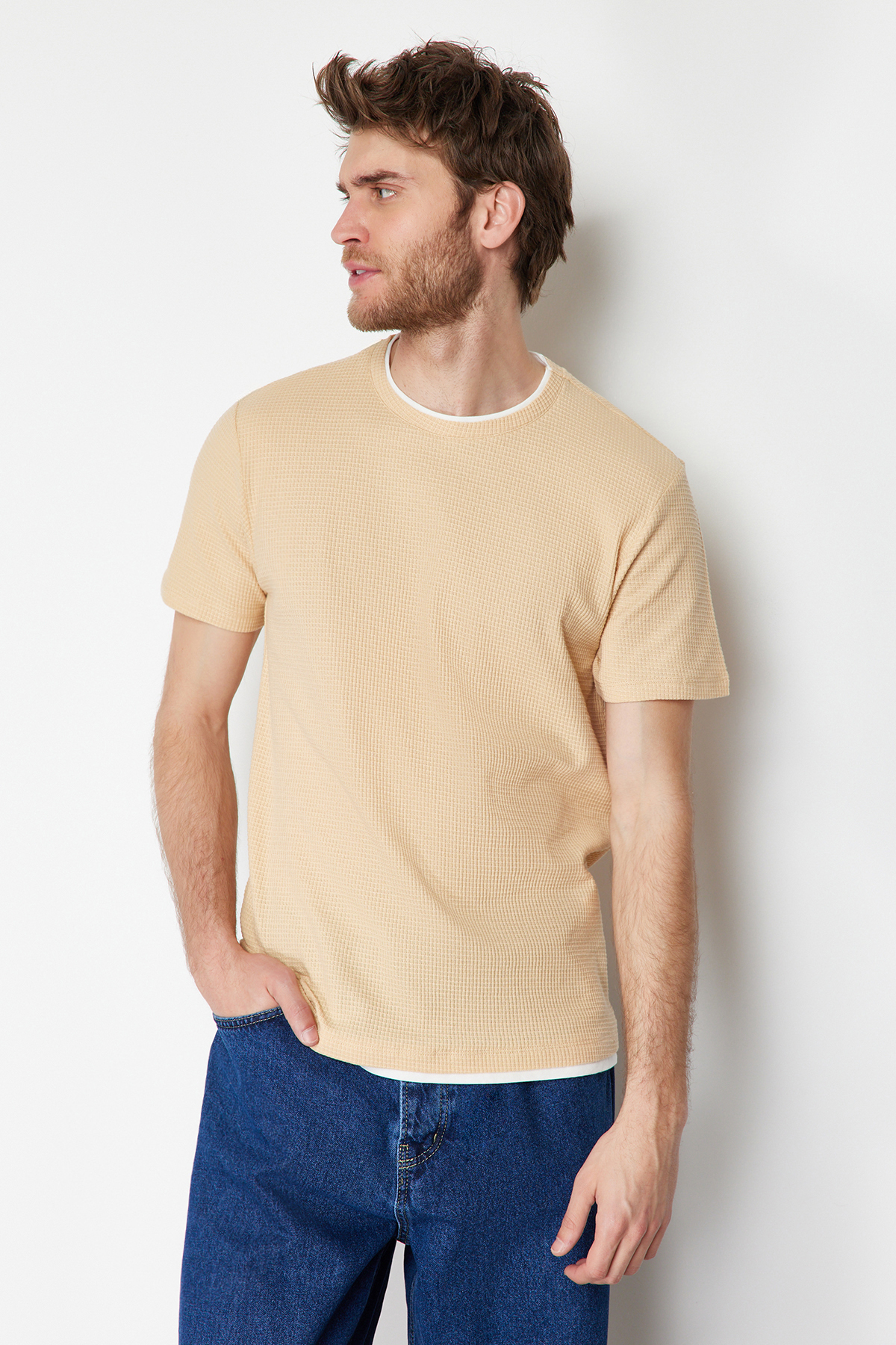 Trendyol Beige Regular Cut 100% Cotton Textured Basic T-Shirt