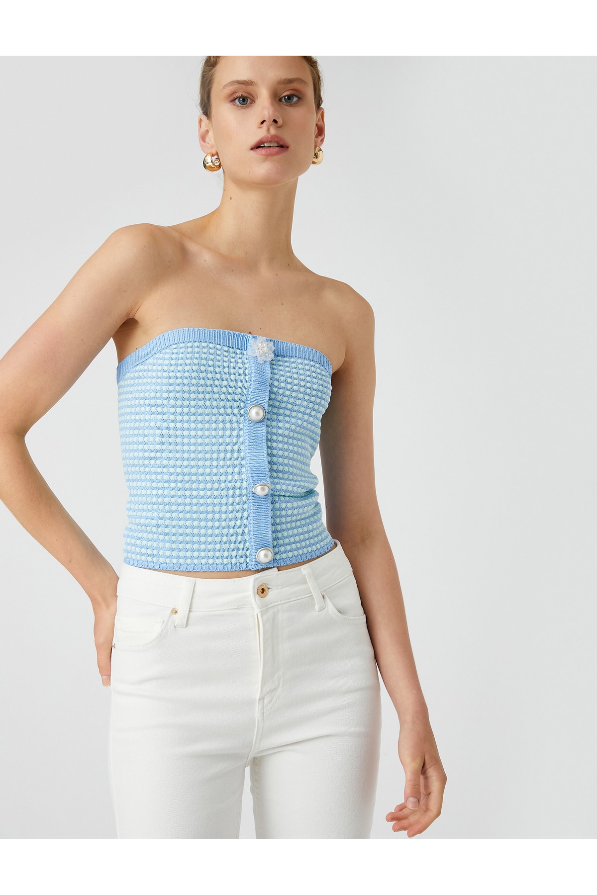 Levně Koton Melis Ağazat X Cotton - Buttoned Strapless Knitwear Crop Top