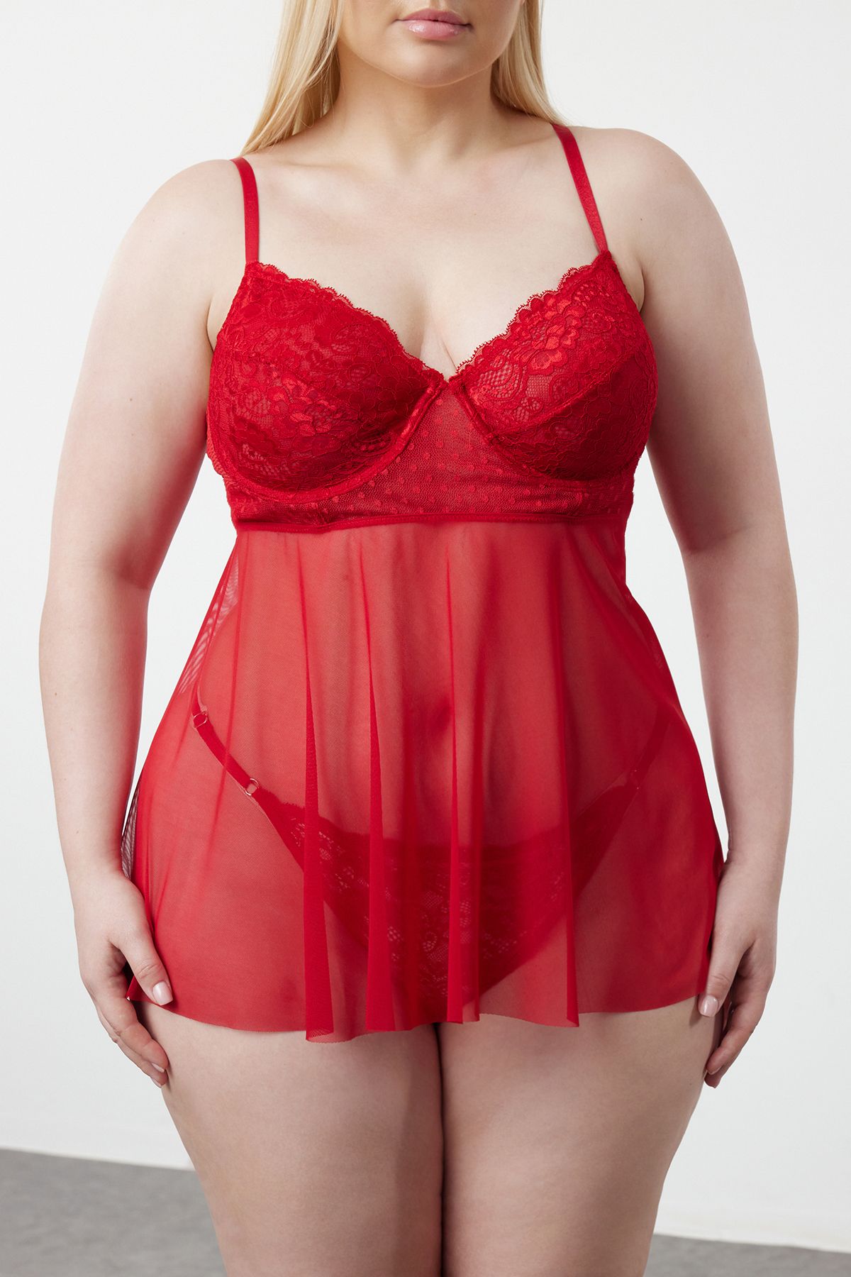 Trendyol Curve Red High Waist Underwire Babydoll& Thong Set