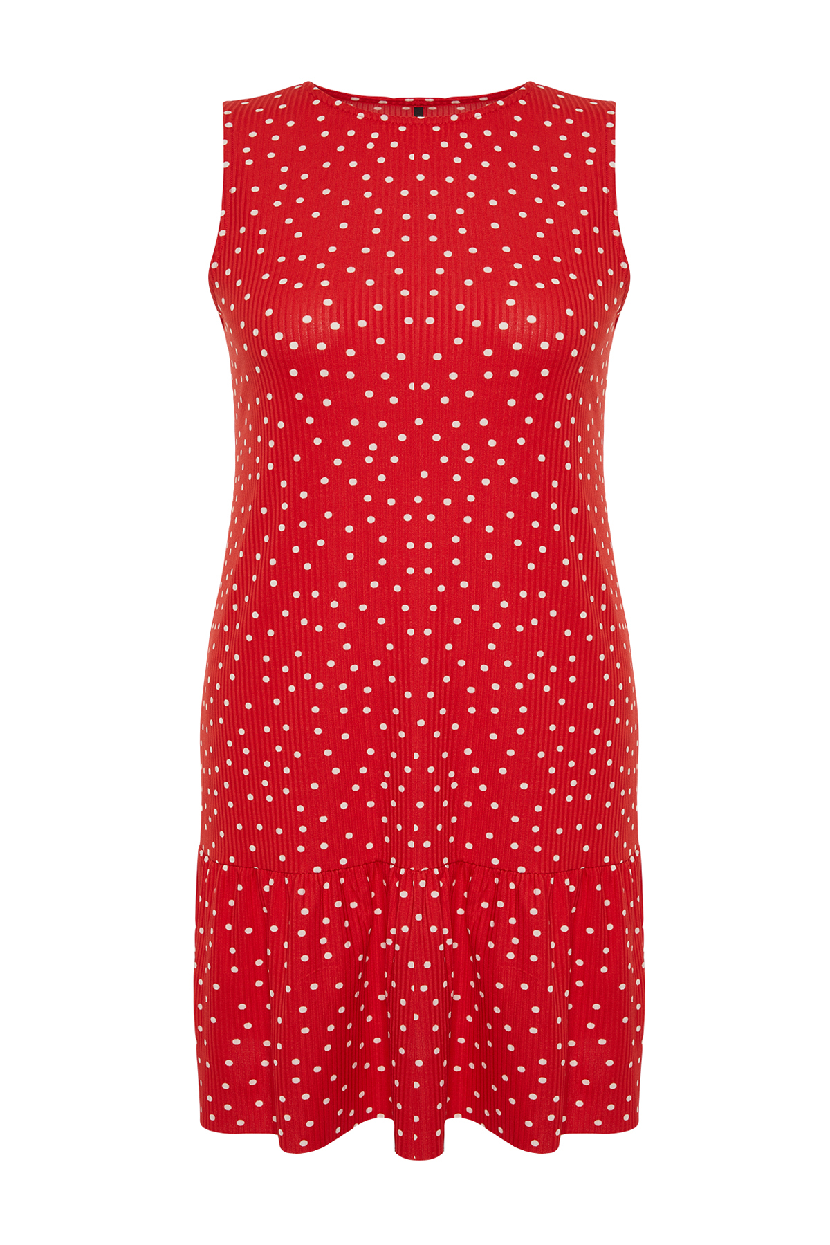 Trendyol Curve Red Polka Dot Printed Zero Sleeve Flounce Shift Mini Stretch Knit Plus Size Dress