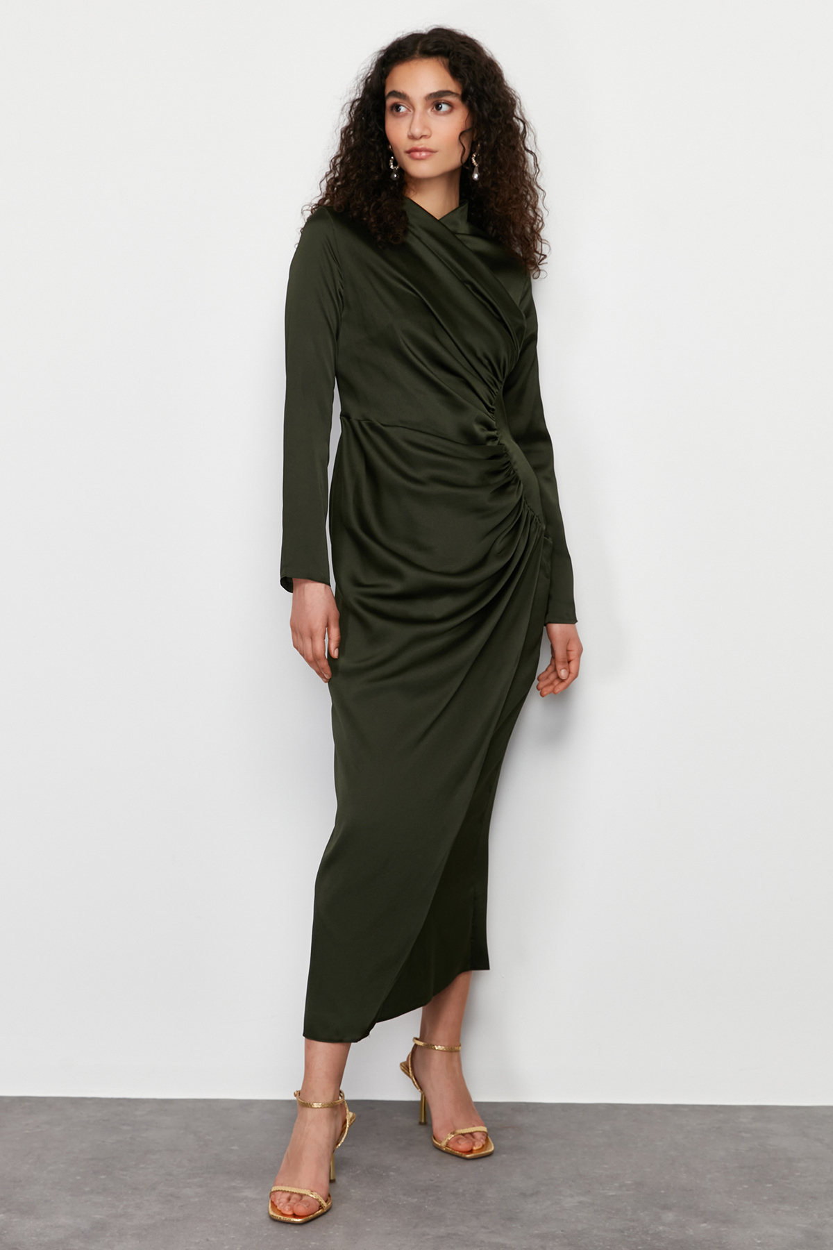 Trendyol Khaki Ruffle Detailed Woven Satin Evening Dress