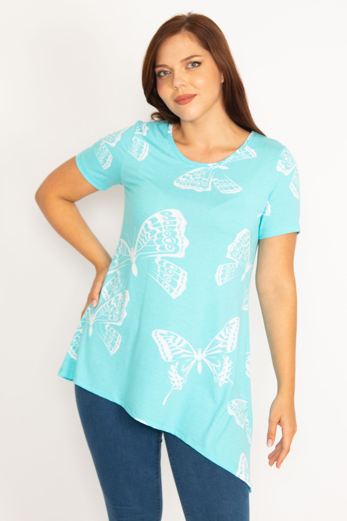 Şans Women's Plus Size Blue Butterfly Patterned Blouse