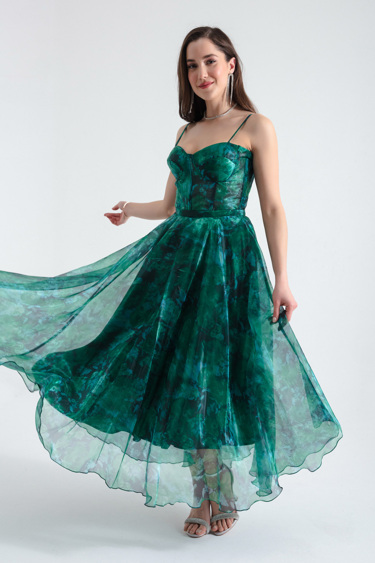 Levně Lafaba Women's Emerald Green Design Organza Evening Dress