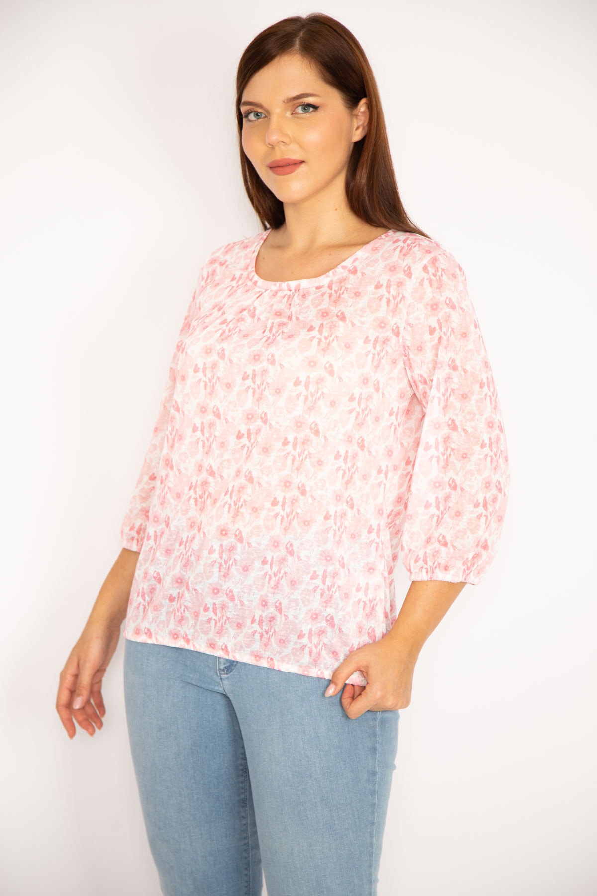 Şans Women's Plus Size Pink Patterned Blouse with Elastic Hem and Sleeves