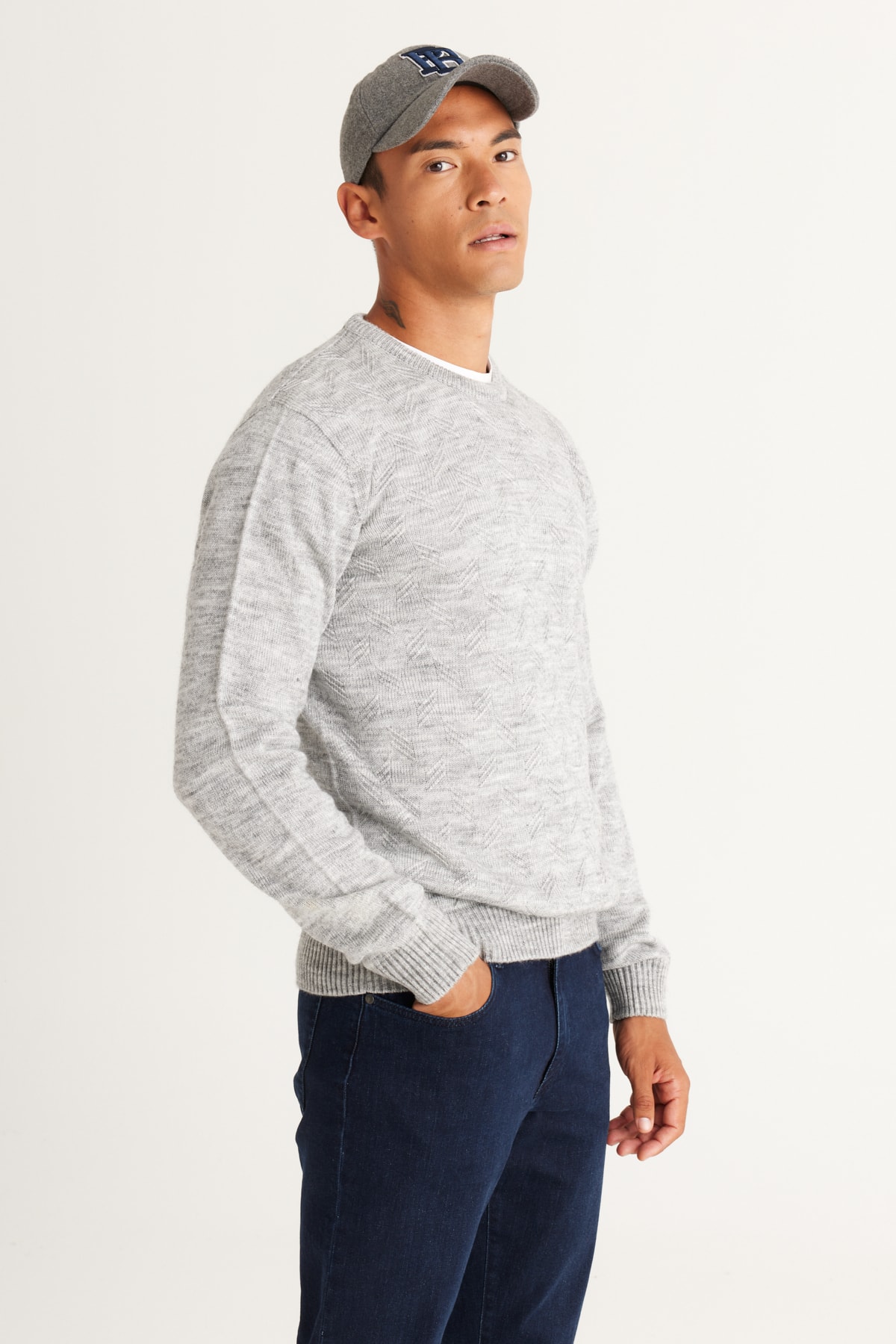 Levně AC&Co / Altınyıldız Classics Men's Gray Melange Standard Fit Normal Cut Crew Neck Jacquard Knitwear Sweater.