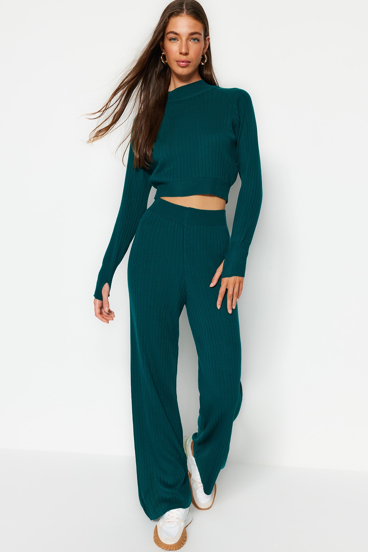 Trendyol Green Crop Ribbed Knitwear Two Piece Set