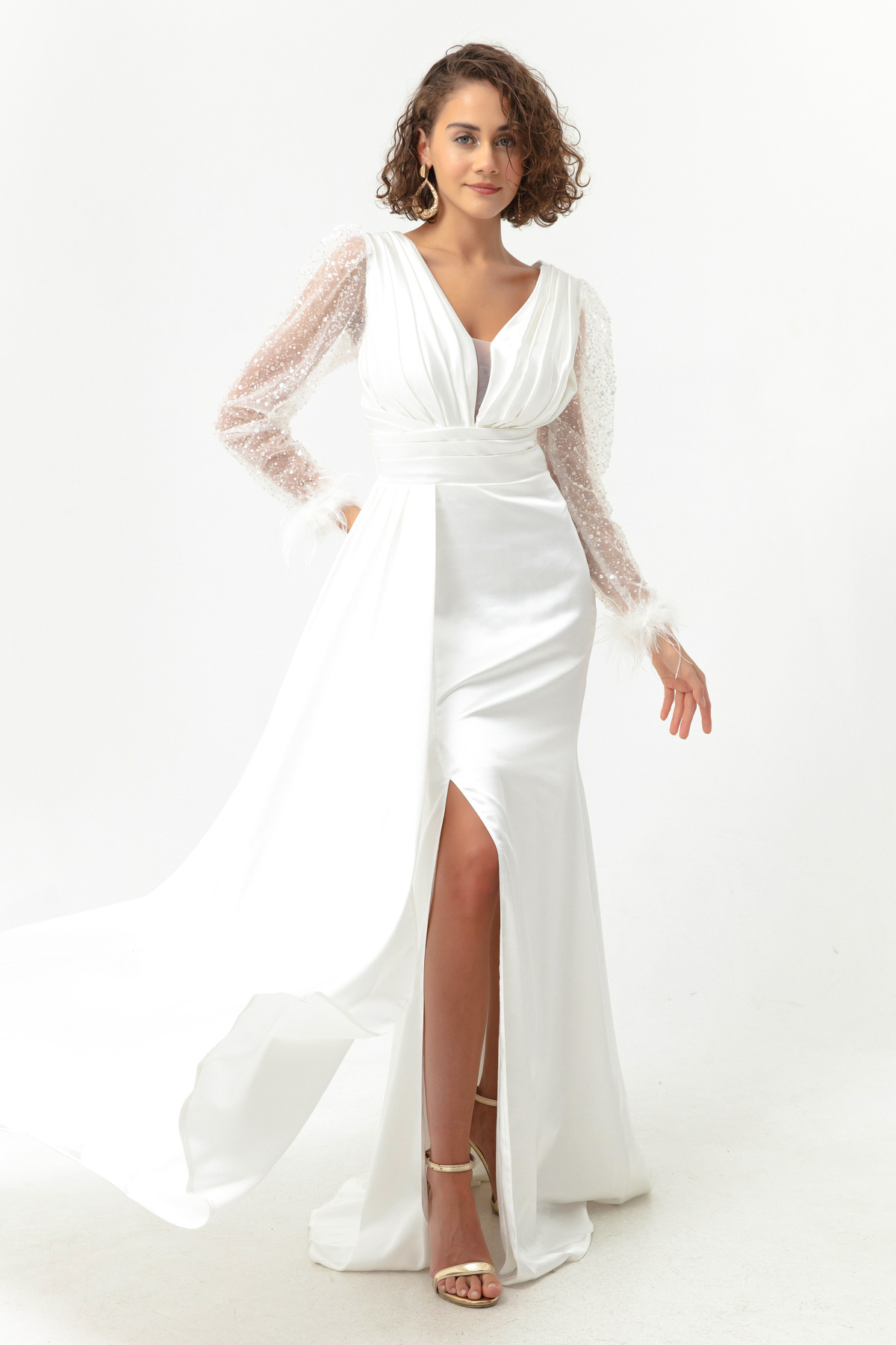 Levně Lafaba Women's White V-Neck Sleeves Stoned Slit Long Evening Dress