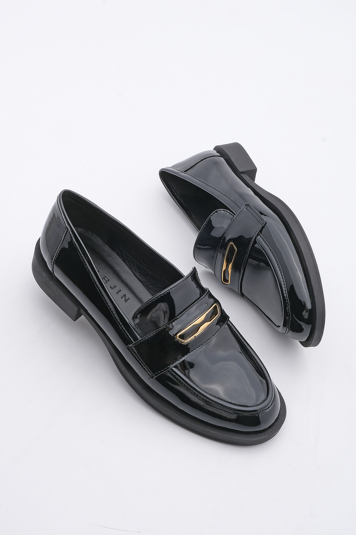 Levně Marjin Cesar Black Patent Leather Loafer Buckled Casual Shoes