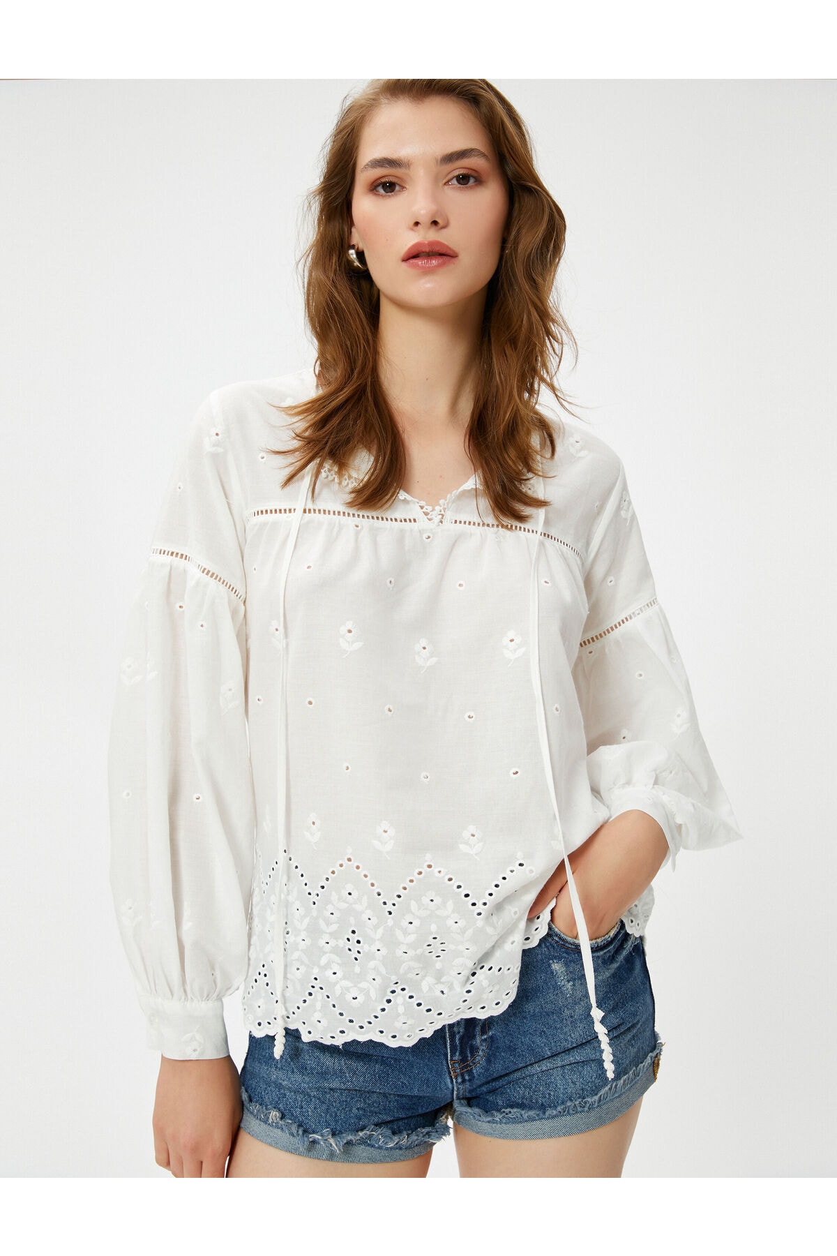 Koton Embroidery Blouse Balloon Sleeves with Window Detail