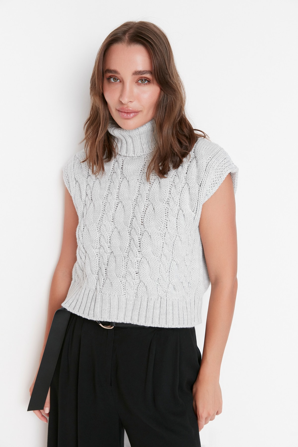 Trendyol Gray Crop Knit Detailed Turtleneck Knitwear Sweater