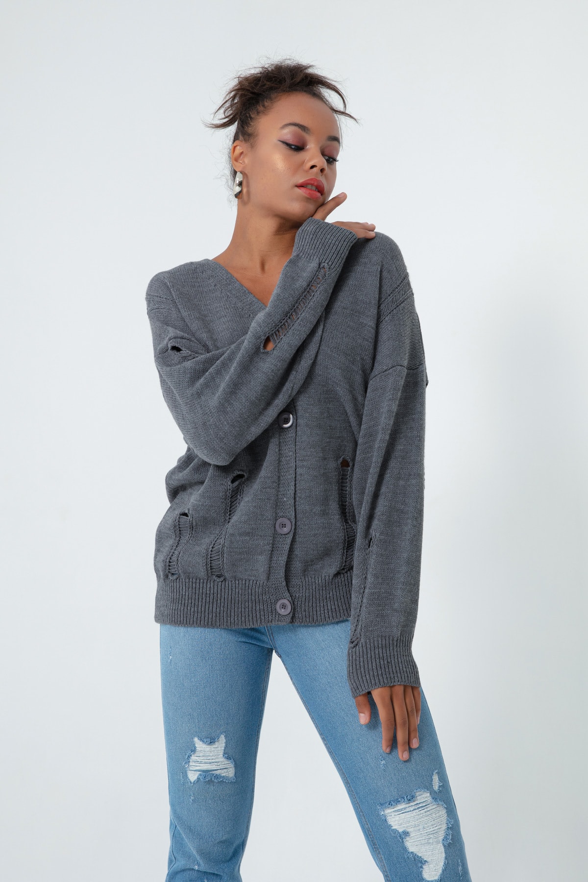 Levně Lafaba Women's Anthracite Ripped Detailed Knitwear Cardigan
