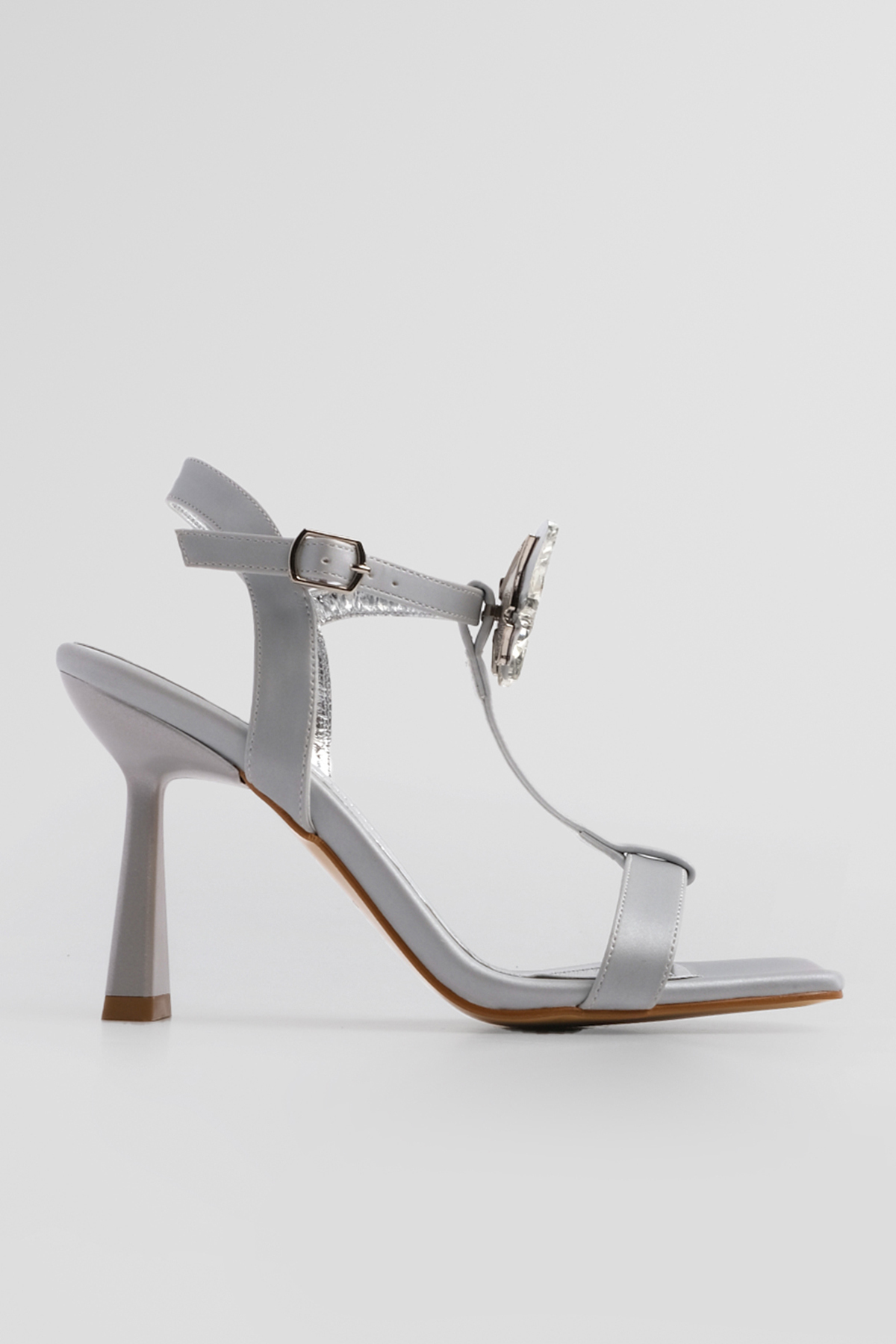 Levně Marjin Women's Flat Toe Ankle Strap Stone Evening Dress Heeled Shoes Neros Silver