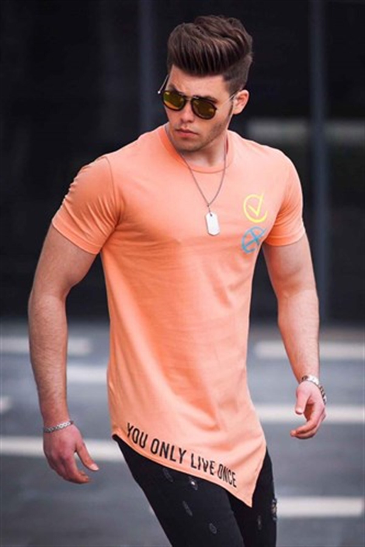 Levně Madmext Asymmetric Cut Orange Men's T-Shirt 5665